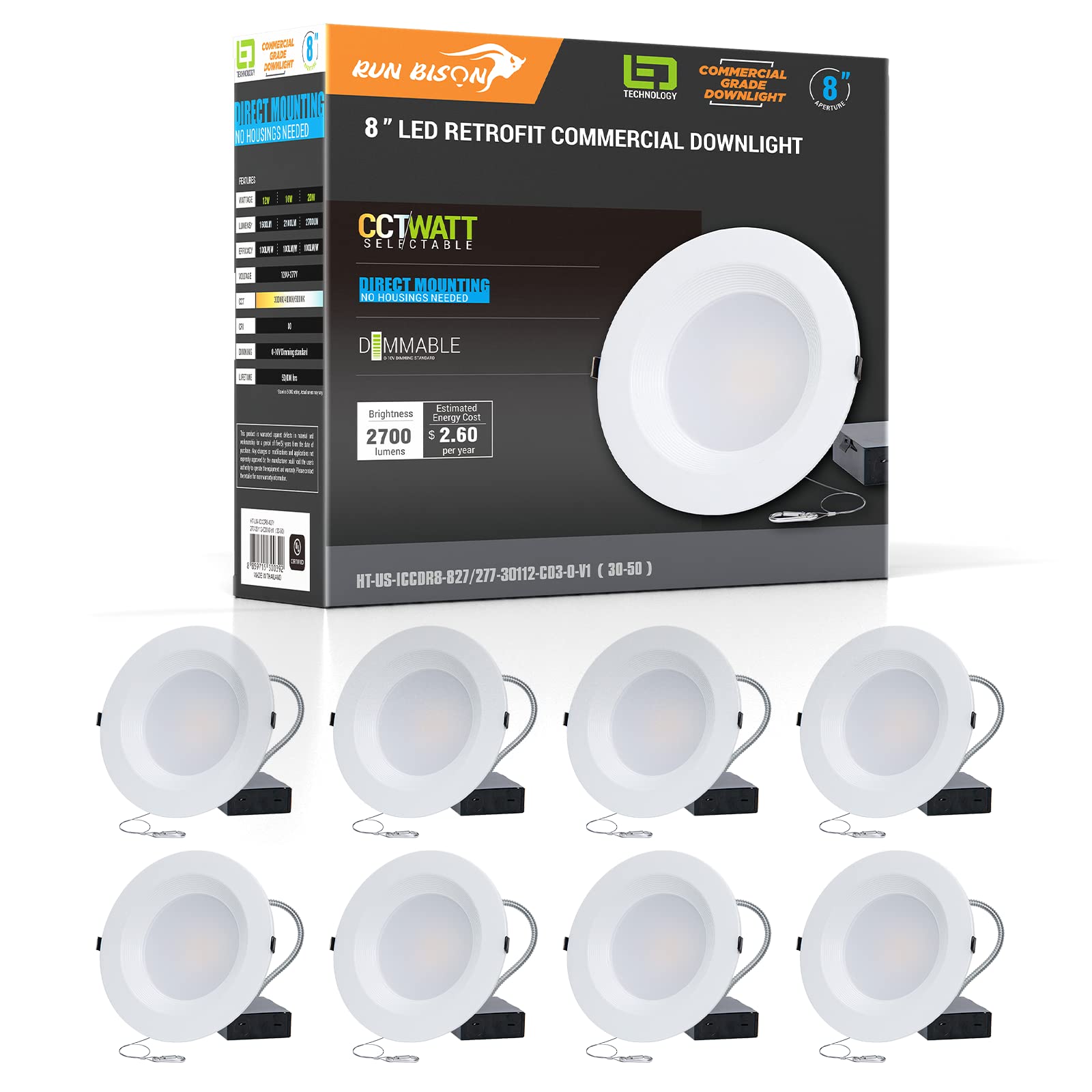 Run Bison 8 Inch Recessed LED Commercial Downlight with J-Box, Wattage Adjustable 16/21/27W,3 Color Selectable 3000K-5000K, 120-