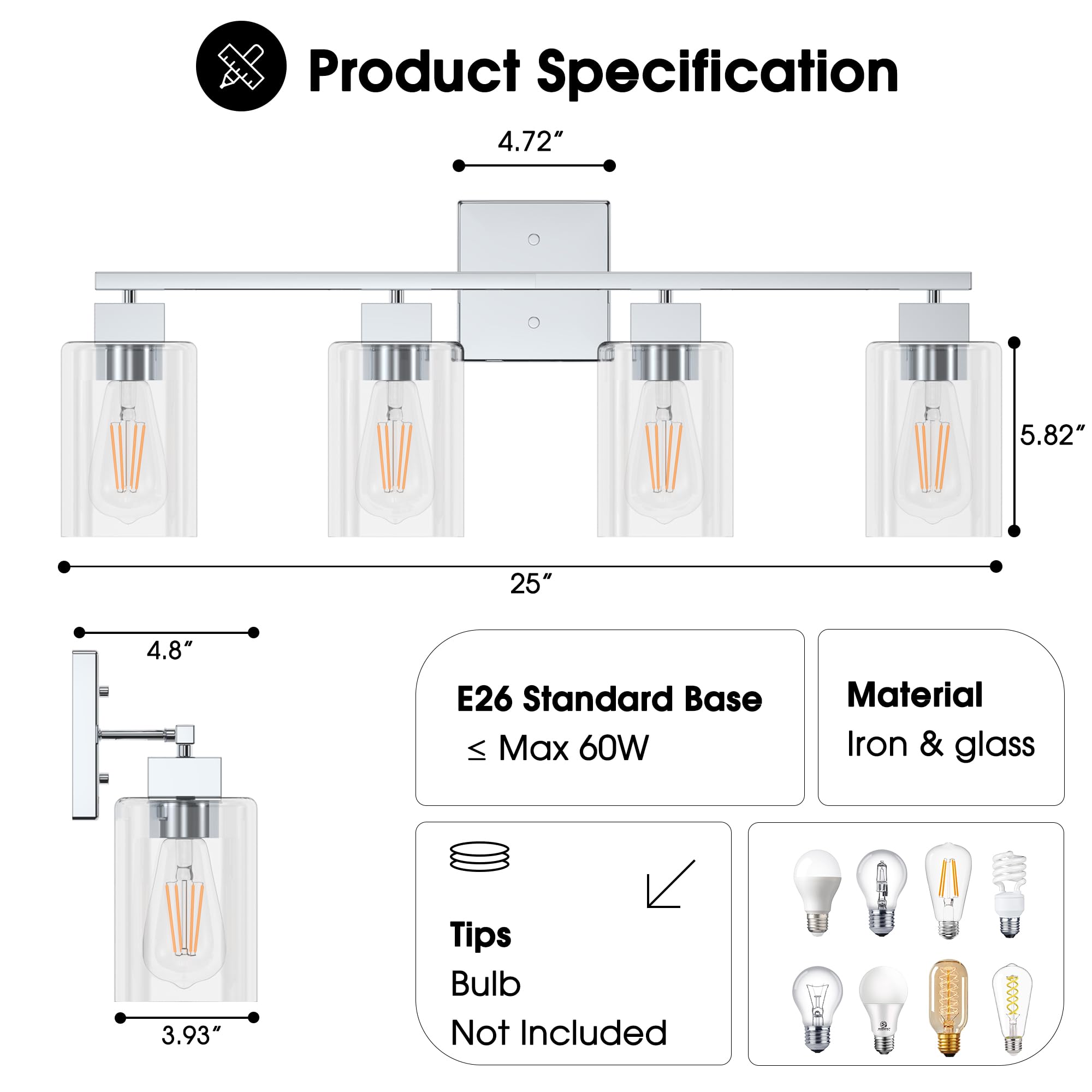Espird 4 Light Bathroom Vanity Light - Chrome Bathroom Light Fixtures Square Design & Ul Certification, 26 Inch Square Bath Room