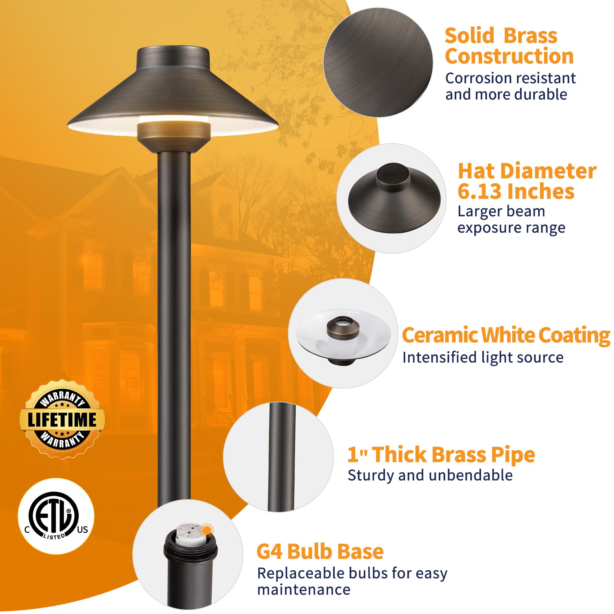Gardenreet Solid Brass Pathway Light - 12V Landscape Path Lights Outdoor Waterproof, Electric Walkway Lamp Wired, Hat Shape Antique Bronze Garden Decoration With 3W 270Lm 2700K G4 Bulb (12 Pack)