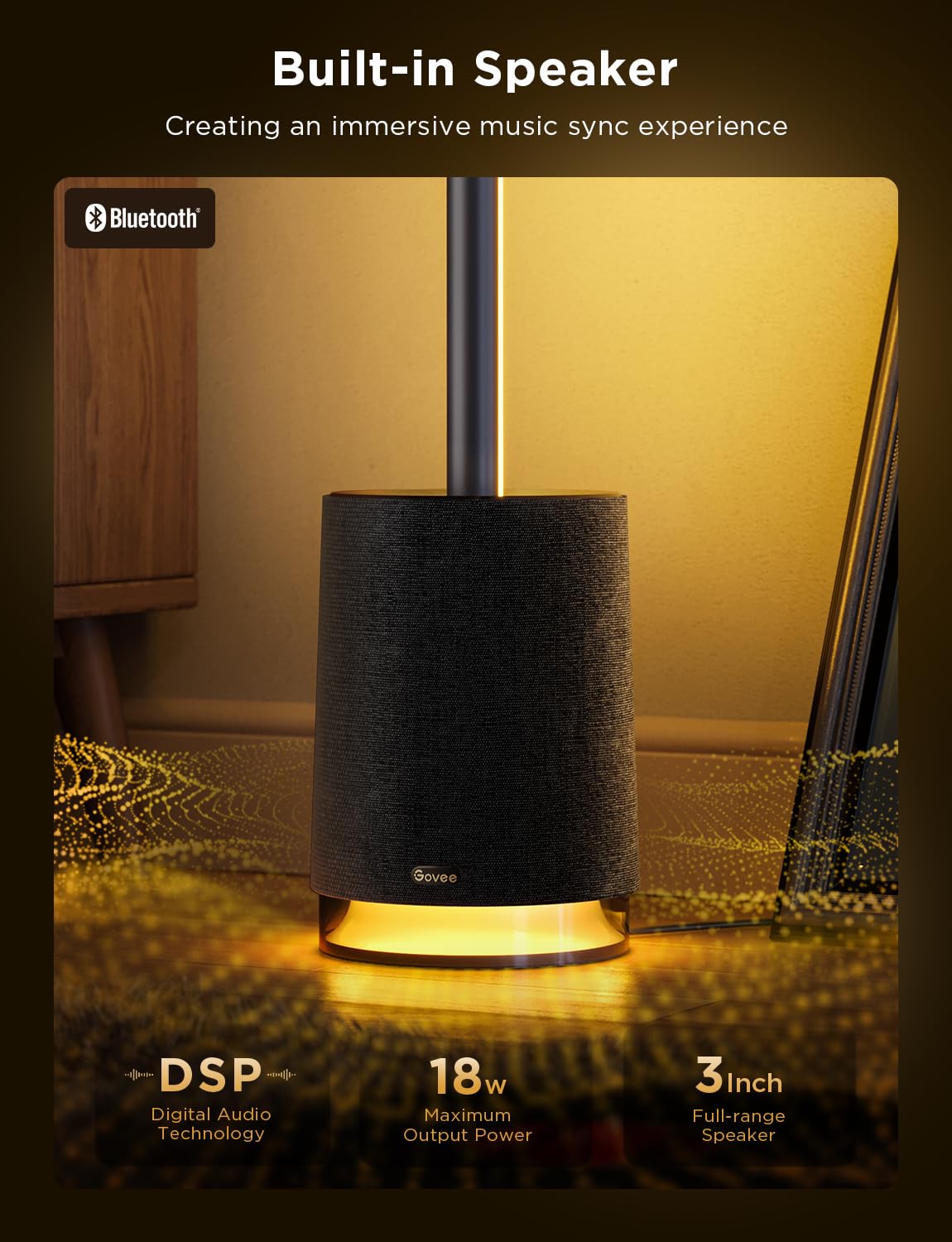 Govee Floor Lamp Pro - RGBIC LED with Bluetooth Speaker, 2100 Lumens, Black, Model H6079, Music Sync for Bedroom & Living Room