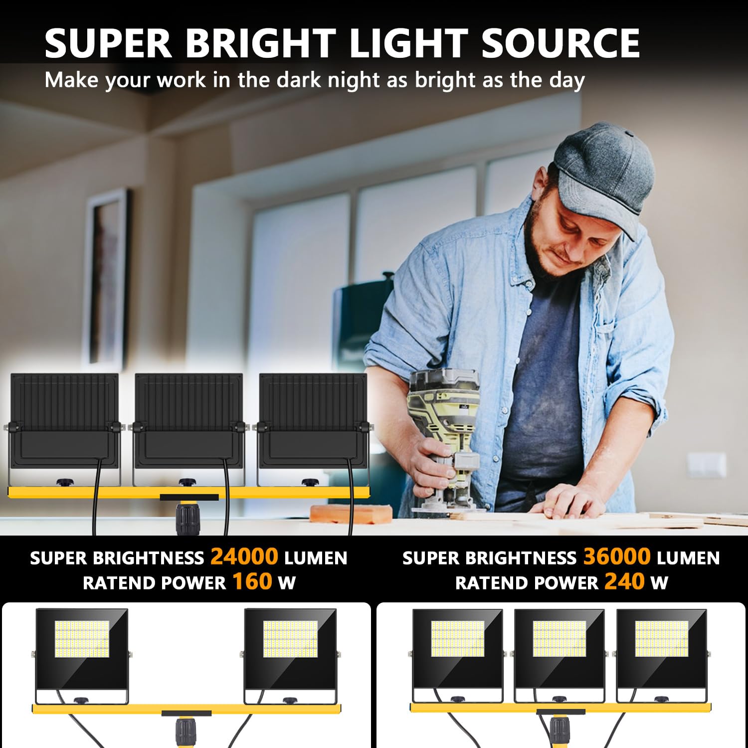 36000Lumen Led Work Lights With Stand - 3 Head Foldable Stand Work Light With 16Ft Cord - Ip67 Waterproof Tripod Lights For Outd