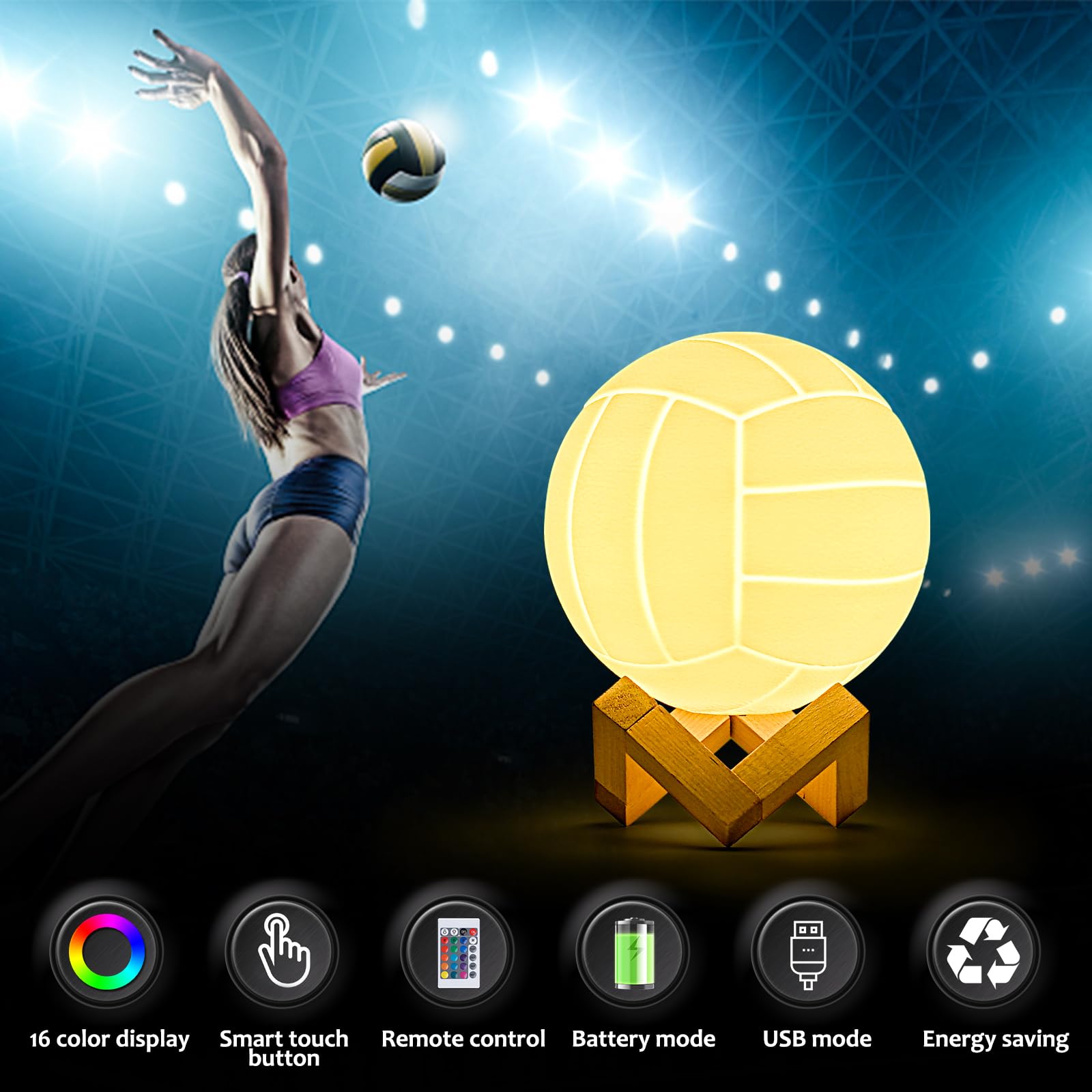 Mydhall 3D Night Light - 16 Color Volleyball Light Toy For Boys Room Birthday Gifts (4.7Inches)