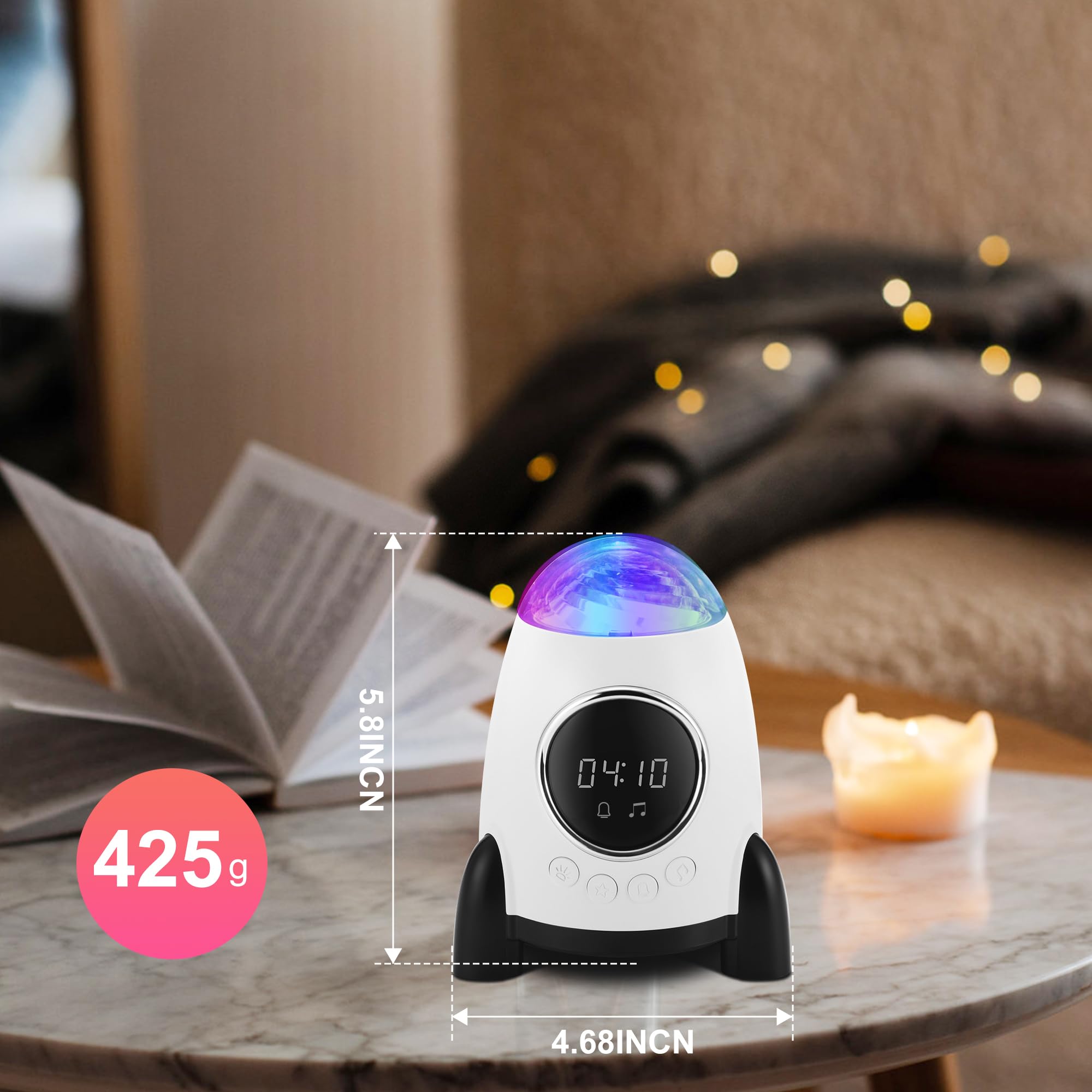 Konchile Star Projector With Alarm Clock,Rocket Galaxy Projector For Bedroom, Bluetooth Speaker And White Noise Aurora Projector