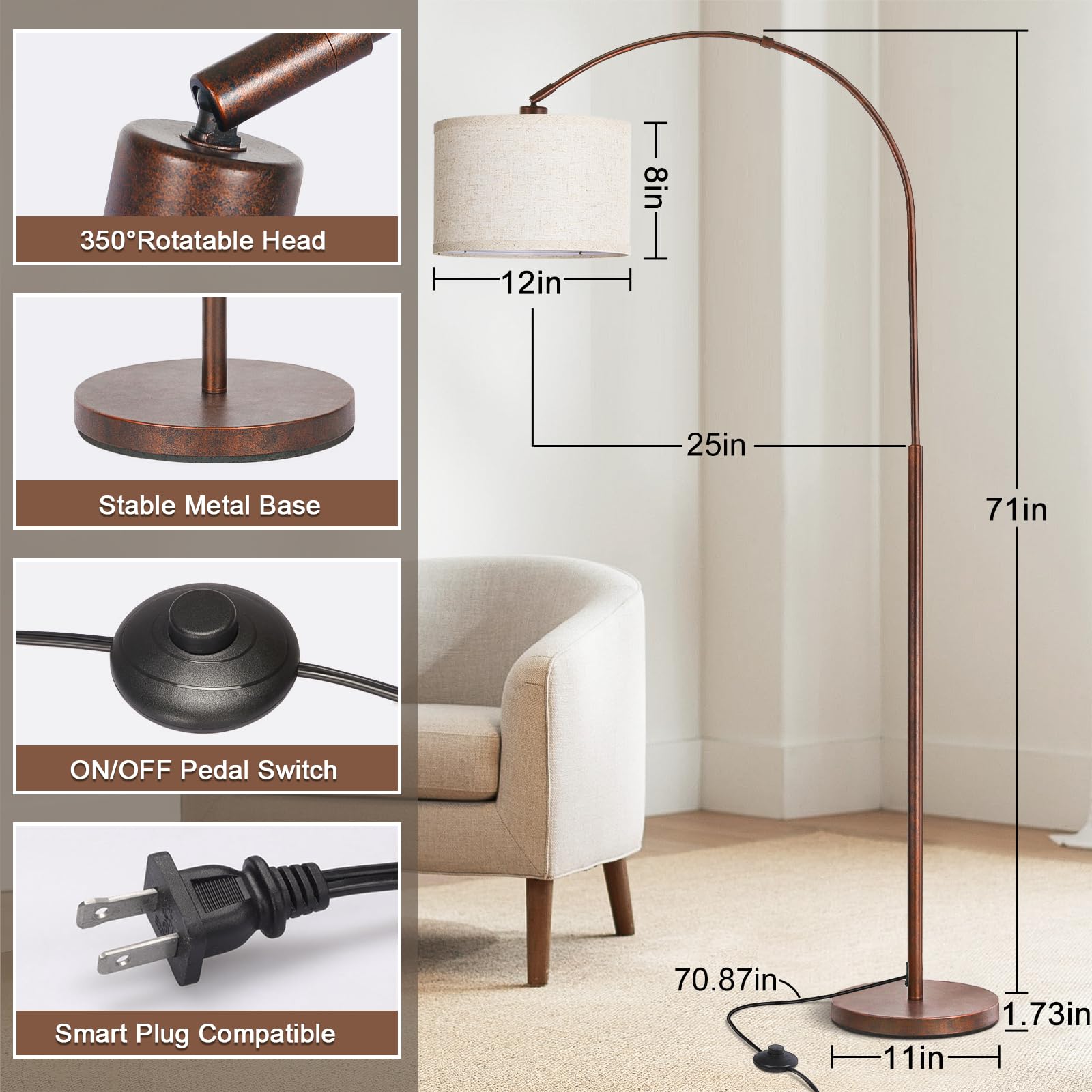 Floor Lamp For Living Room, Vintage Arc Floor Lamp With Adjustable Lamp Head, Tall Pole Lamp With On/Off Pedal Switch, Over Couc
