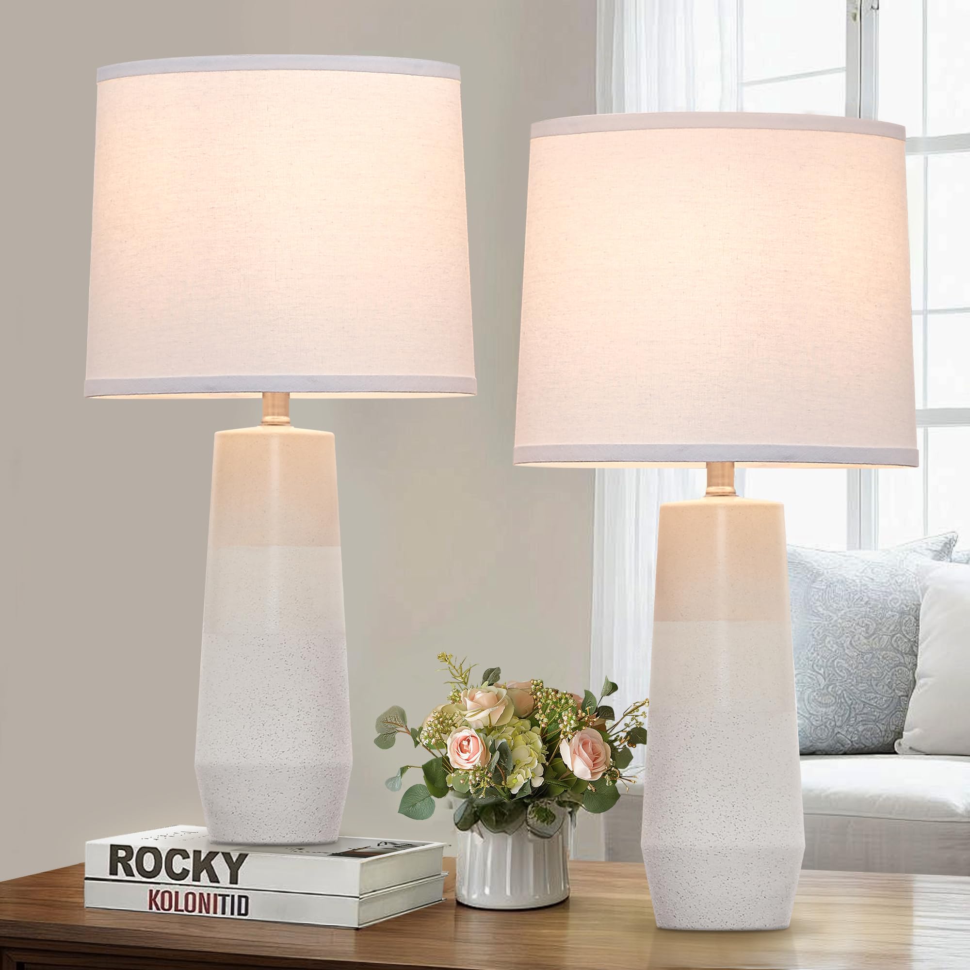 Euo 25.25'' White Ceramic Table Lamps For Living Room, Ceramic White Lamps Set Of 2 For Nightstand, Minimalist White Table Lamps