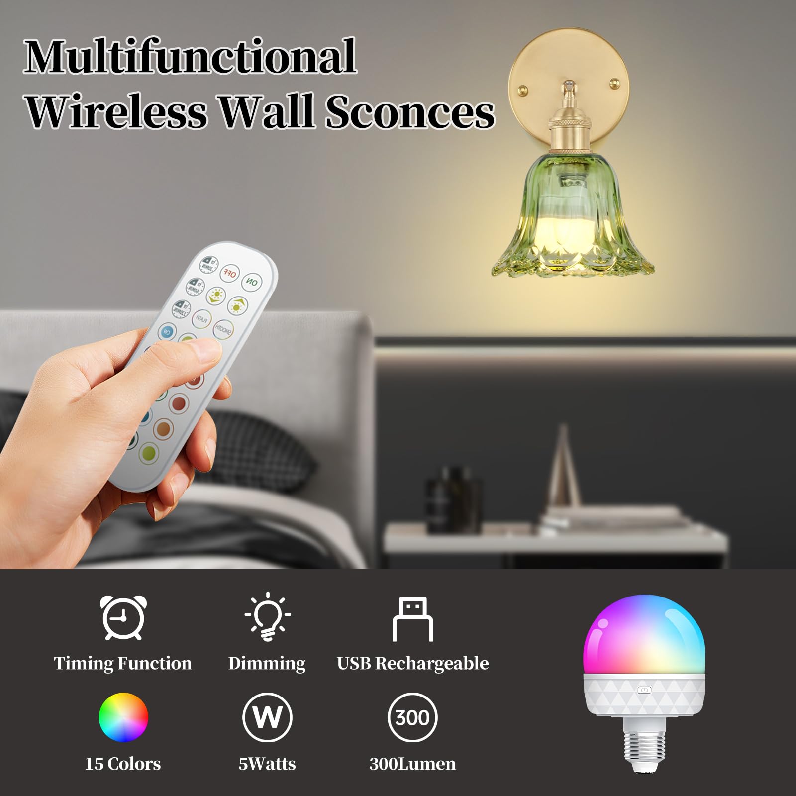 GEEZO Vintage Battery Operated Wall Sconce, Rechargeable Light with Remote, 2 Pack, Pineapple Green, Model GEEZO-Y-1