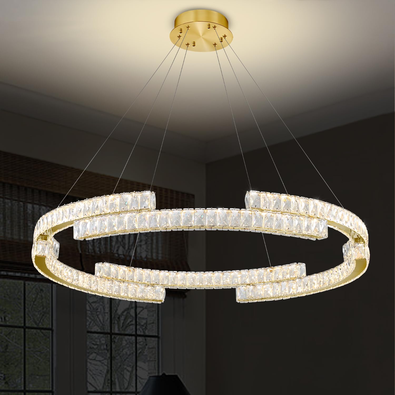 Idequy D47.5'' Gold Modern Crystal Ring Chandeliers For Living Room Dinning Room Crystal Pendant Light Dimmable 3000K-6000K