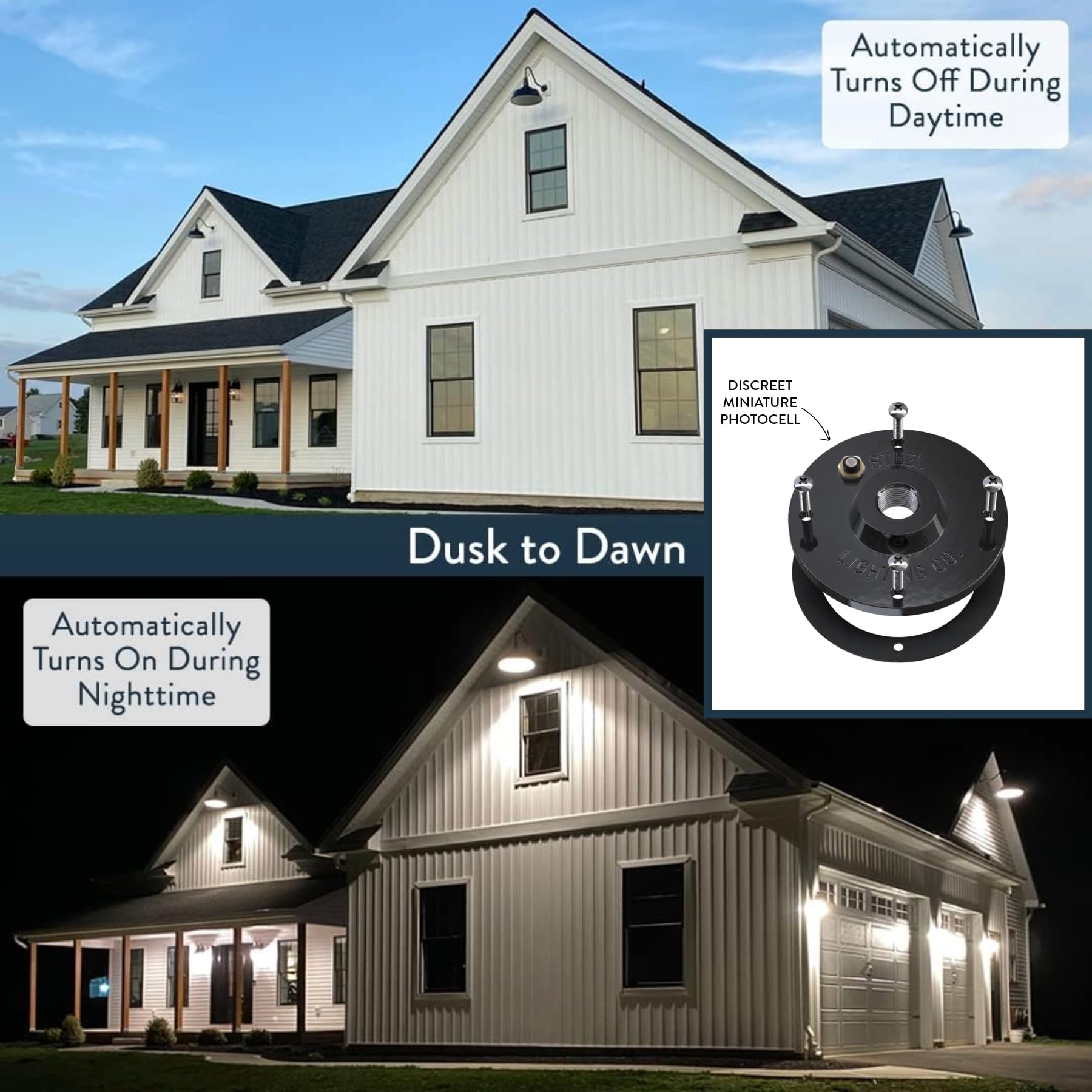 Steel Lighting Co. Gardena Barn Light - Outdoor Wall Mounted, 16in Gooseneck, Dusk to Dawn, Green/White, Made in America