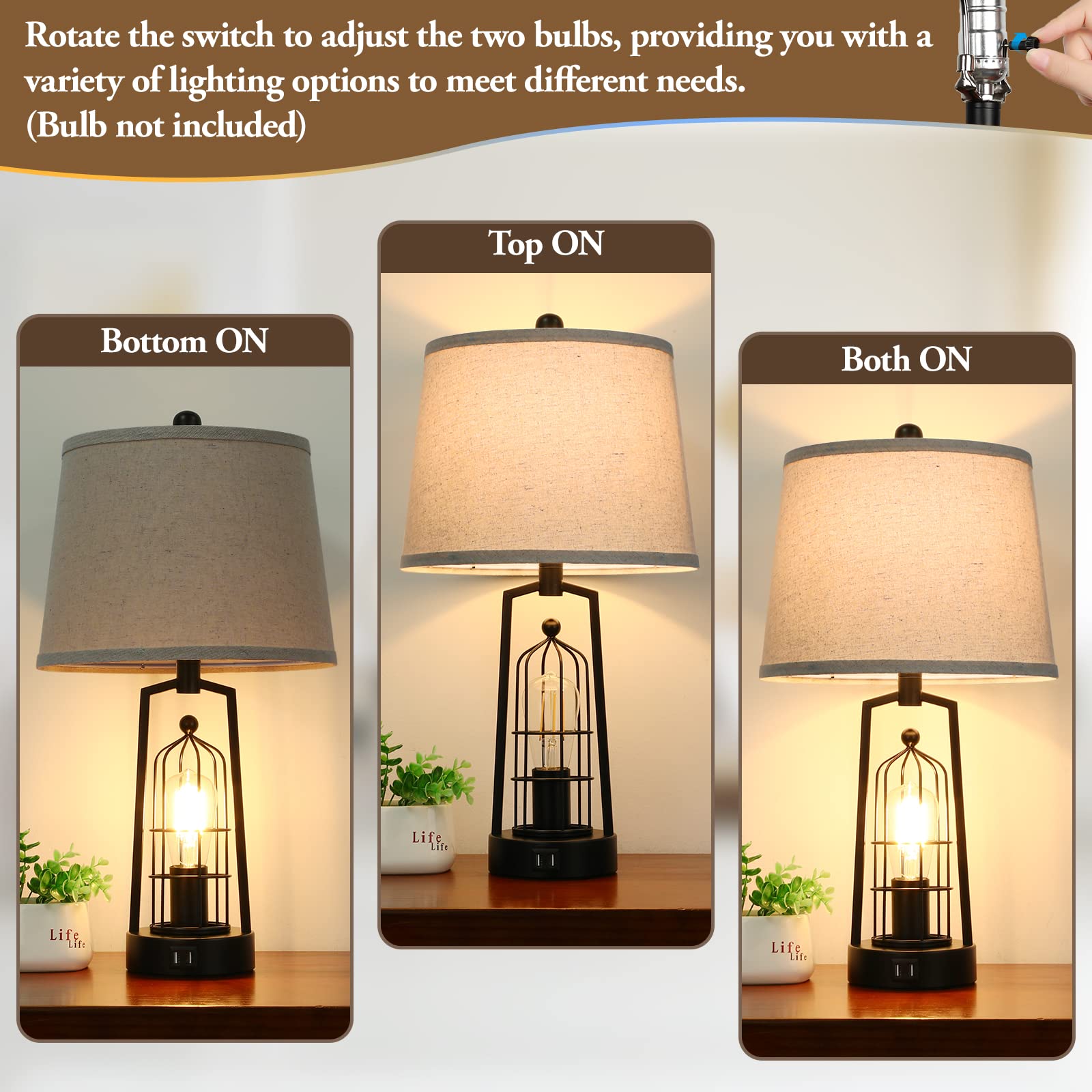 Brightever Farmhouse Table Lamps Set of 2 Rustic Industrial Metal Beige 2 USB Ports JT2026.BE