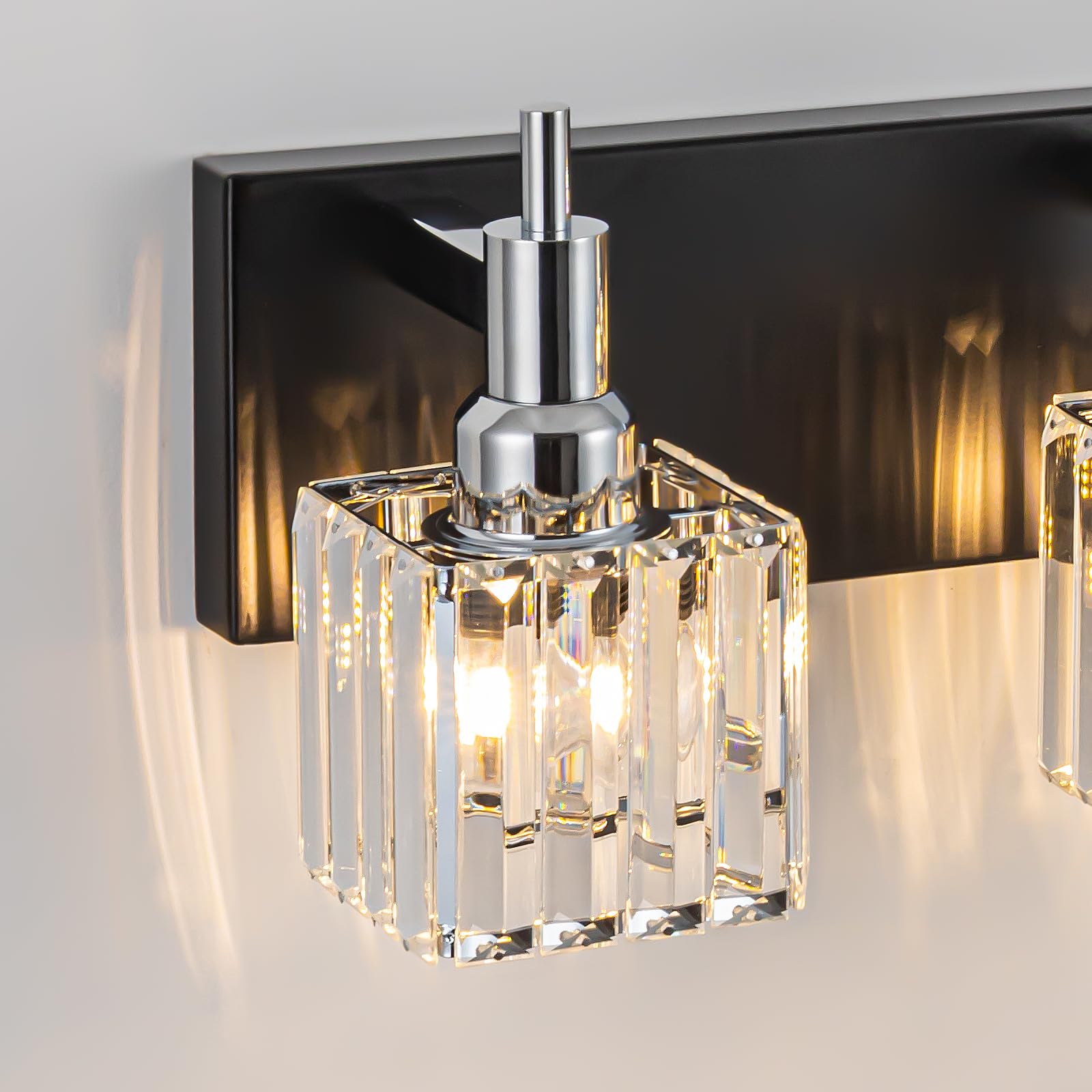 HUOKU Bathroom Vanity Lights, 4-Light Modern Crystal Wall Light, Black Chrome with Square Shade, Metal Construction