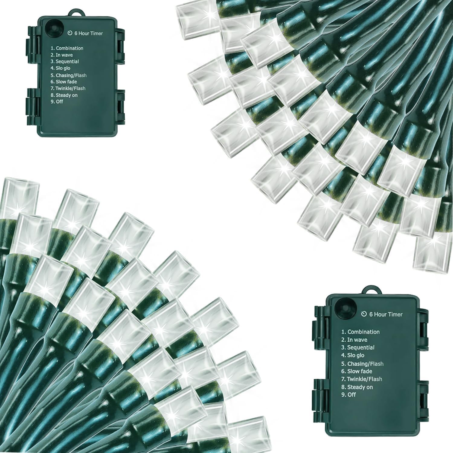 2Pack Battery Operated Christmas Lights Outdoor, 33 FT 100 LED Mini String Lights with Timer and 8 Modes, Green Wire Xmas String
