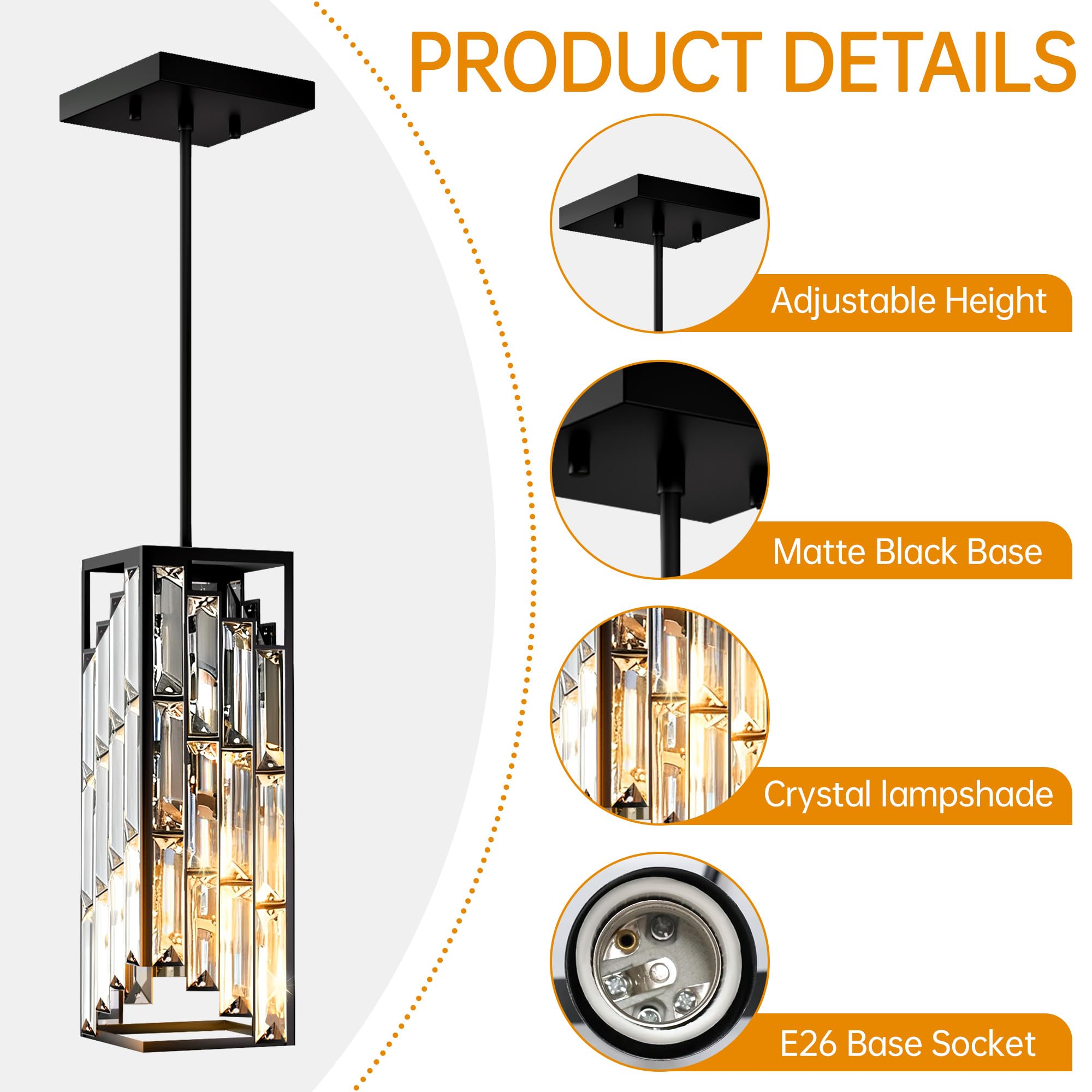 Esfos Black Pendant Lights - 3 Pack Mini Crystal Chandeliers for Kitchen Island, Dining Room, Bedroom - Modern Glass Ceiling Fixtures