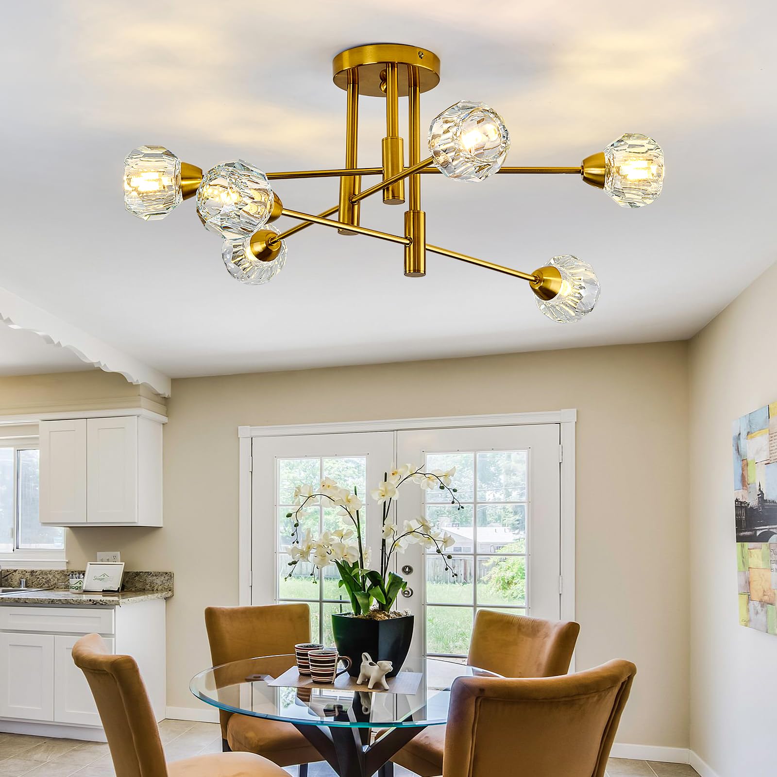 Szxykeji 6-Lights Glass Sputnik Chandelier Vintage Flush Mount Ceiling Light Fixture Gold Farmhouse Lighting For Dining Room Living Room Bedroom Kitchen Passageway.