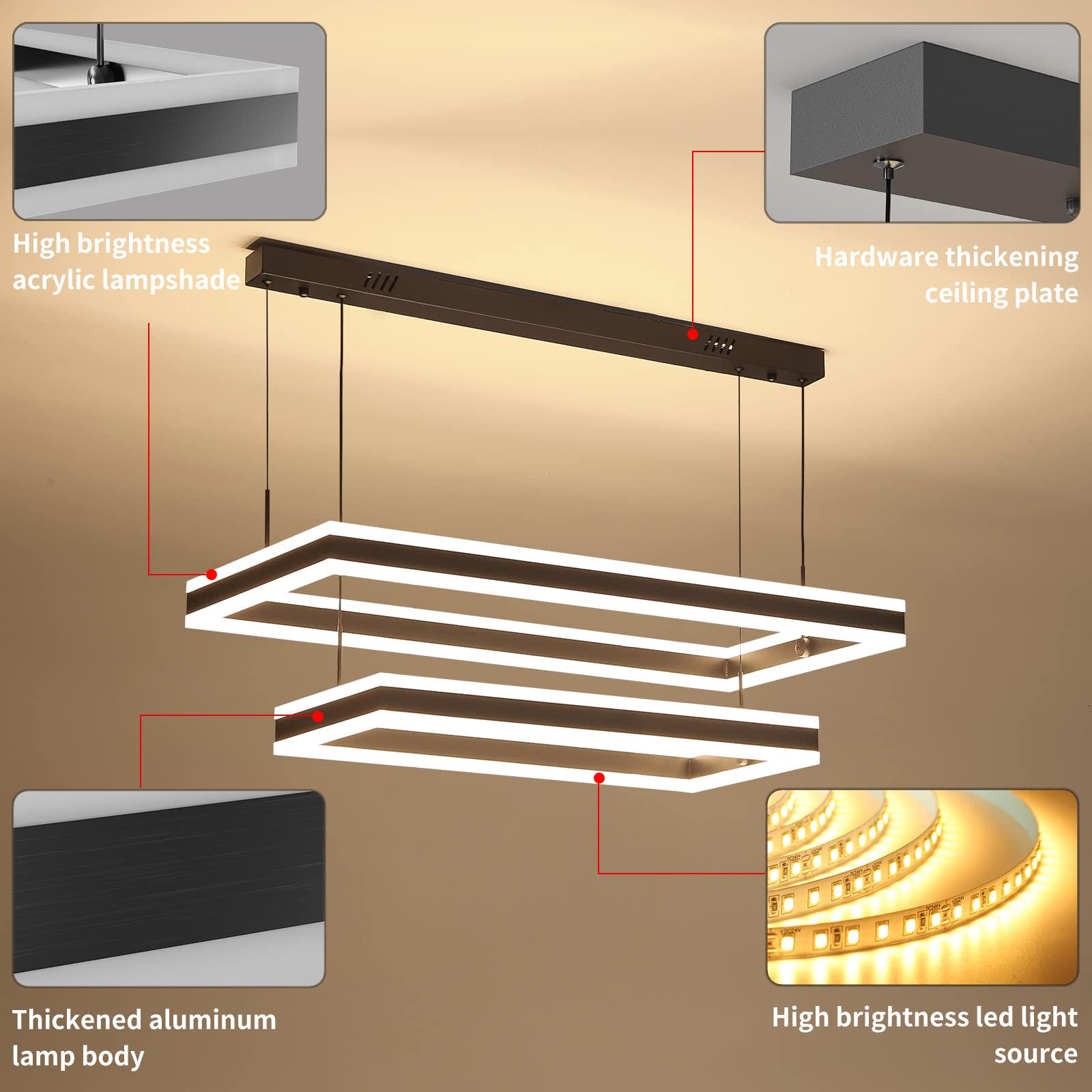 Matven Modern LED Chandelier Pendant Lights, Dimmable, Black, 40CM/60CM, Aluminum for Dining Room, Living Room, Bedrooms