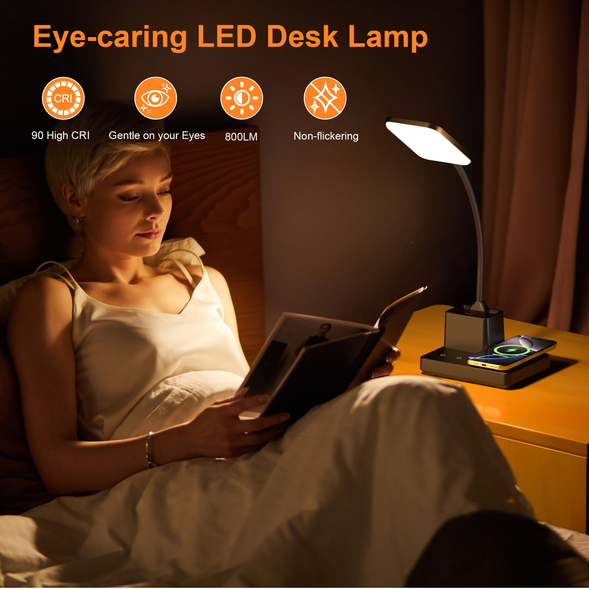 Sailstar Desk Lamp with Wireless Charger & USB Port, Dimmable LED, Medium, Matte Black, Model CP-TD-FX-G-001