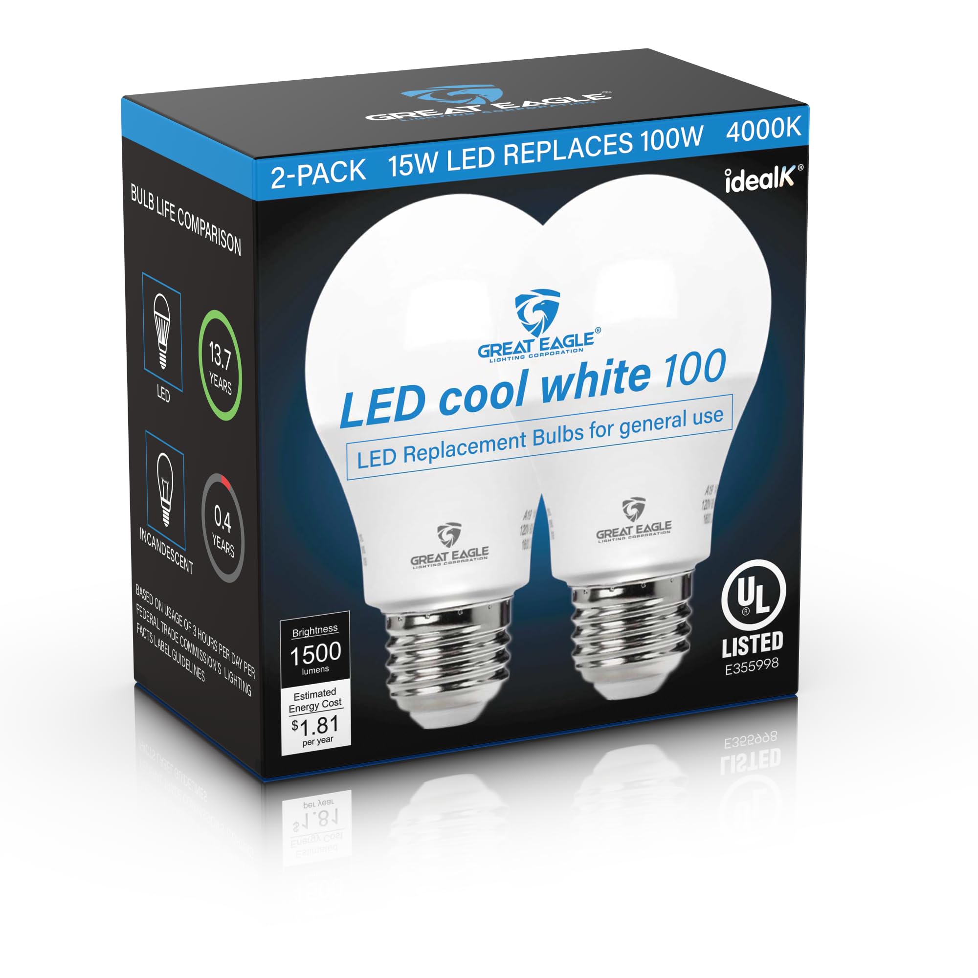 Great Eagle LED A19 Light Bulb 100W Equivalent 1500 Lumens 15-Watt 4000K Cool White 2 Pack
