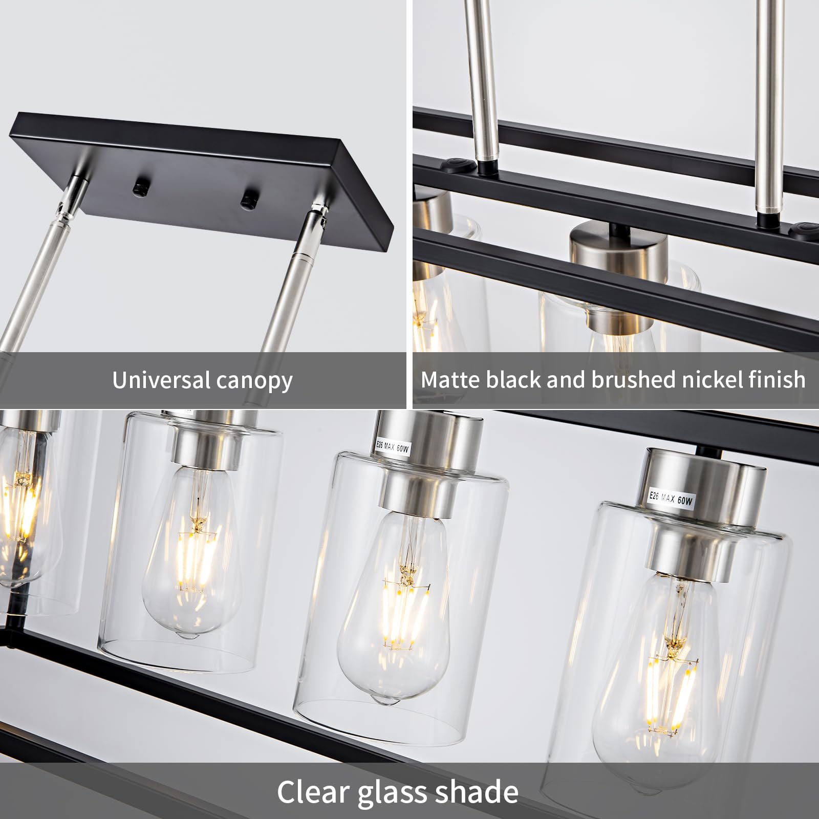 Hccz 6-Light Modern Rectangular Chandelier, Black & Brushed Nickel, Glass Shade For Dining Room