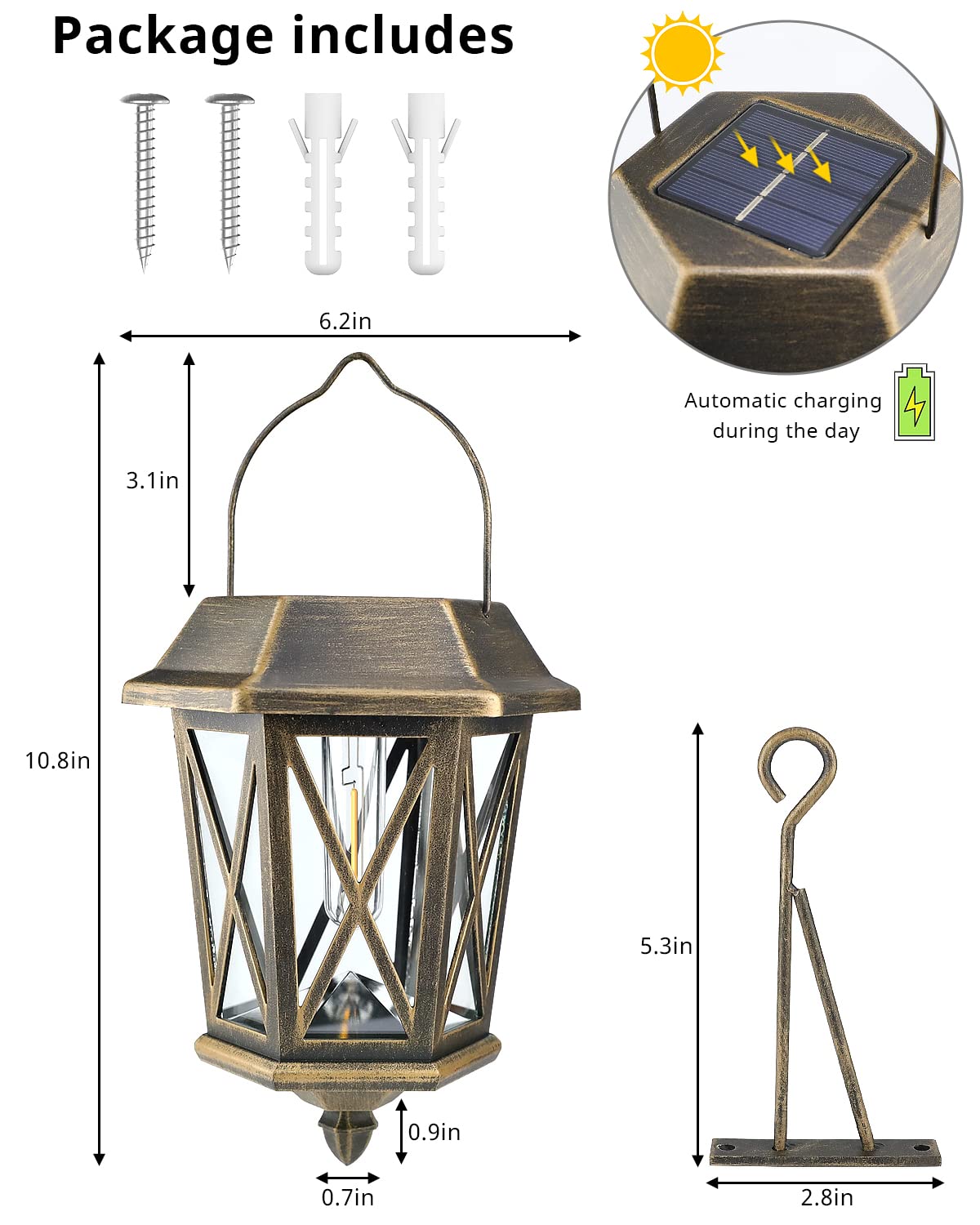 TEKLAPS Solar Lantern Outdoor Lights, Waterproof Metal, 10.8x6.2x6.2 in, Bronze, Model ZZ-24B, 2 Pack