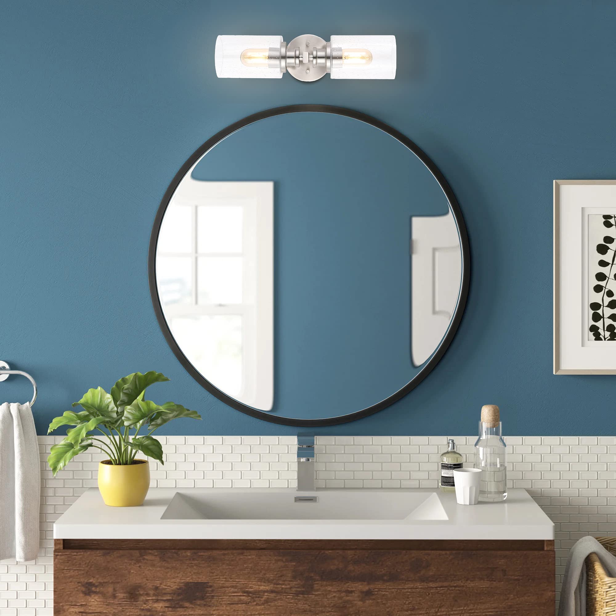 JONATHAN Y 16.5in Cylinder Vanity Light, 2-Light Iron/Seeded Glass, Nickel, Model JYL7577C, Farmhouse Contemporary Design