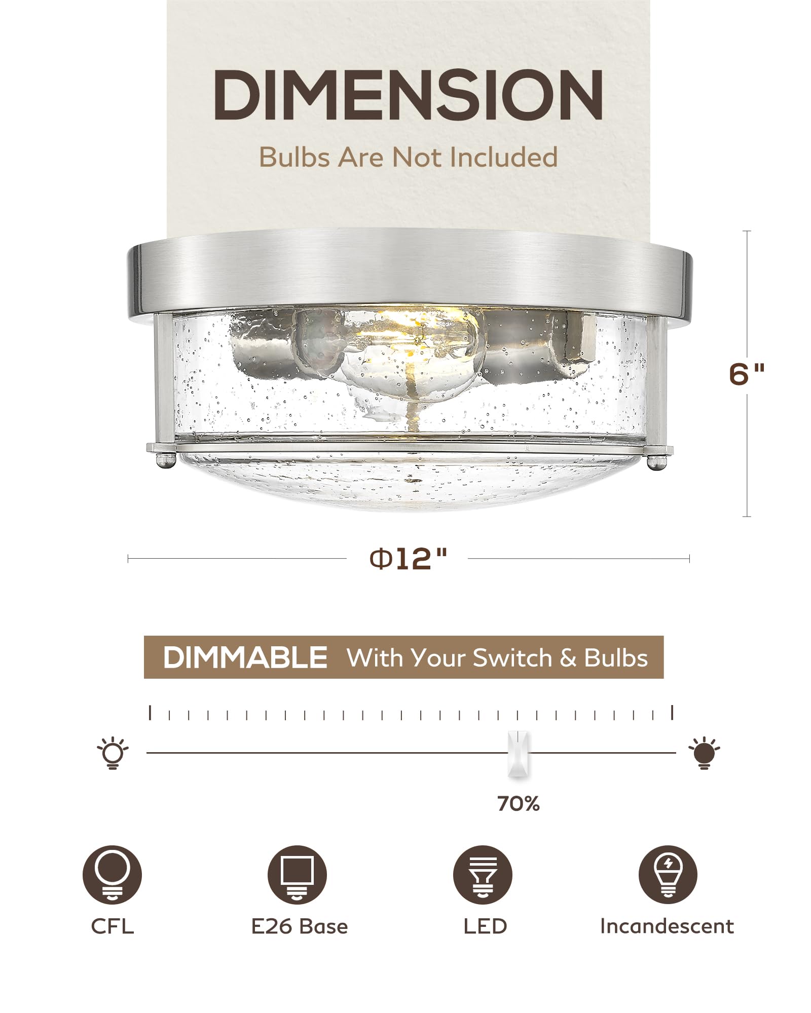 Femila Brushed Nickel Flush Mount Ceiling Light, 12'' Bedroom Ceiling Light, Modern Light Fixtures Ceiling, Seeded Glass, E26 Ba