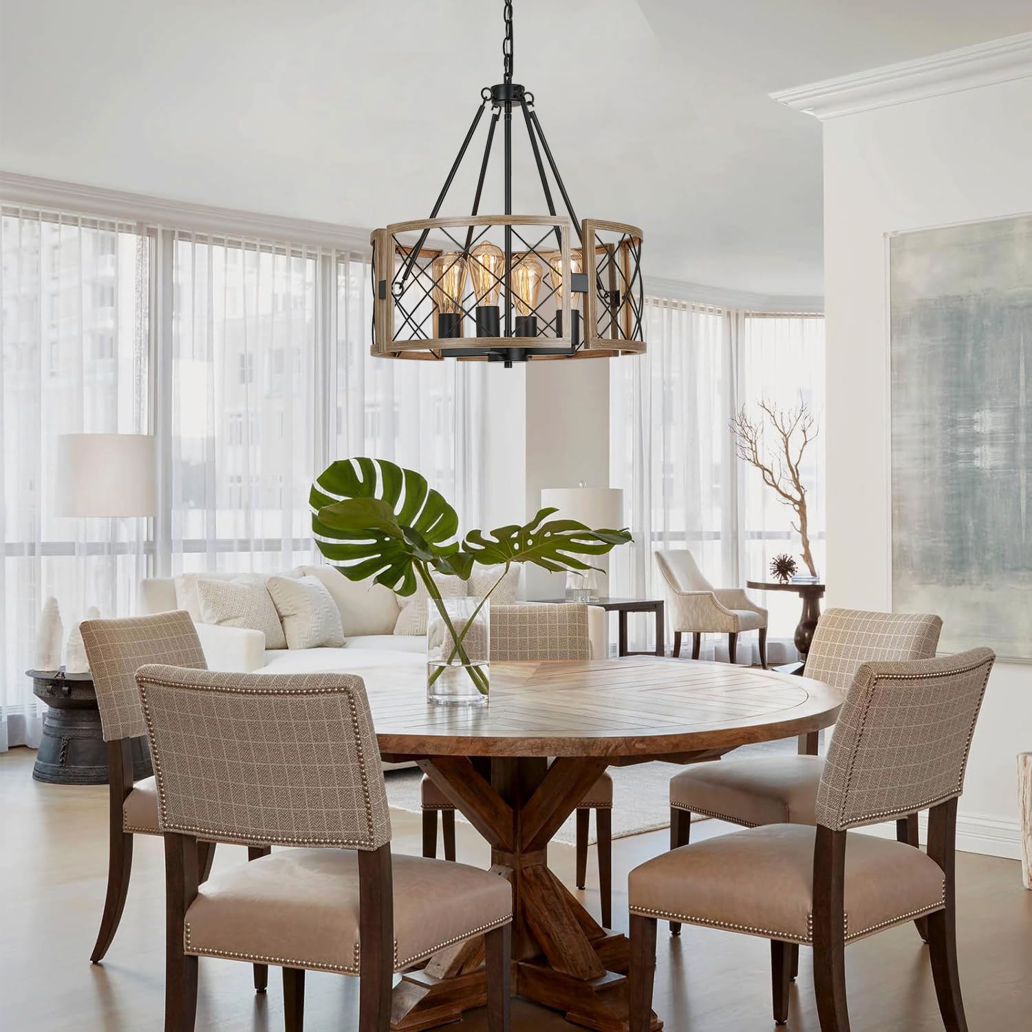 Santostock Modern Farmhouse Chandelier, Rustic 4-Light Dining Room Chandelier Light Fixture Kitchen Island Light, Adjustable Hanging Light For Bedroom Entryway Foyer Living Room, Grey Wood