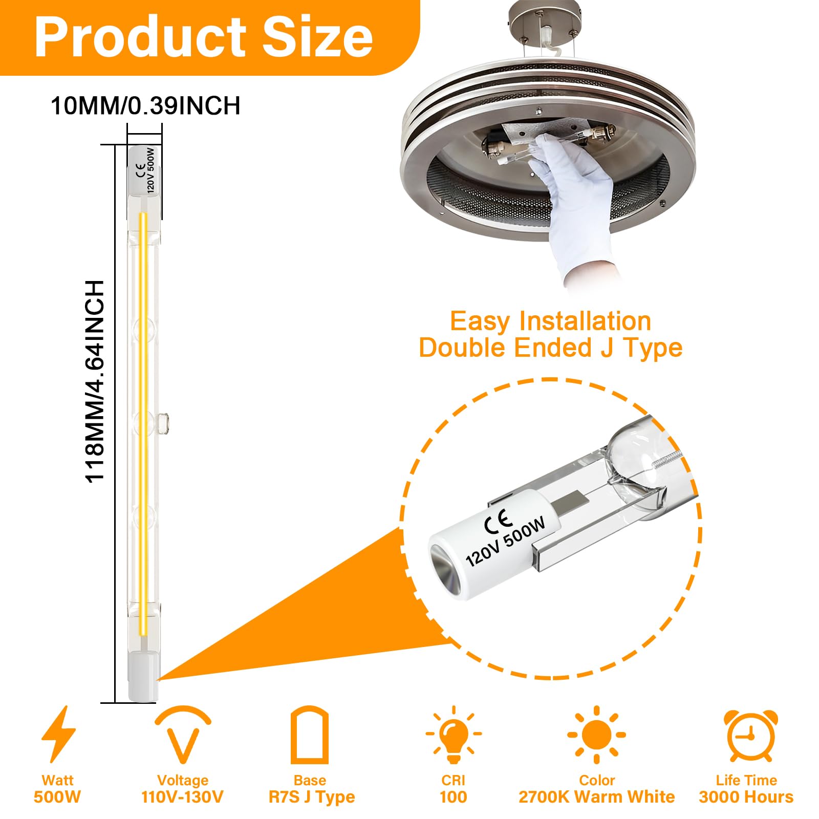 Lacnooe R7S Halogen Light Bulbs 500W 120V, 118mm J-Type T3, Warm White, Dimmable, 5 Pack