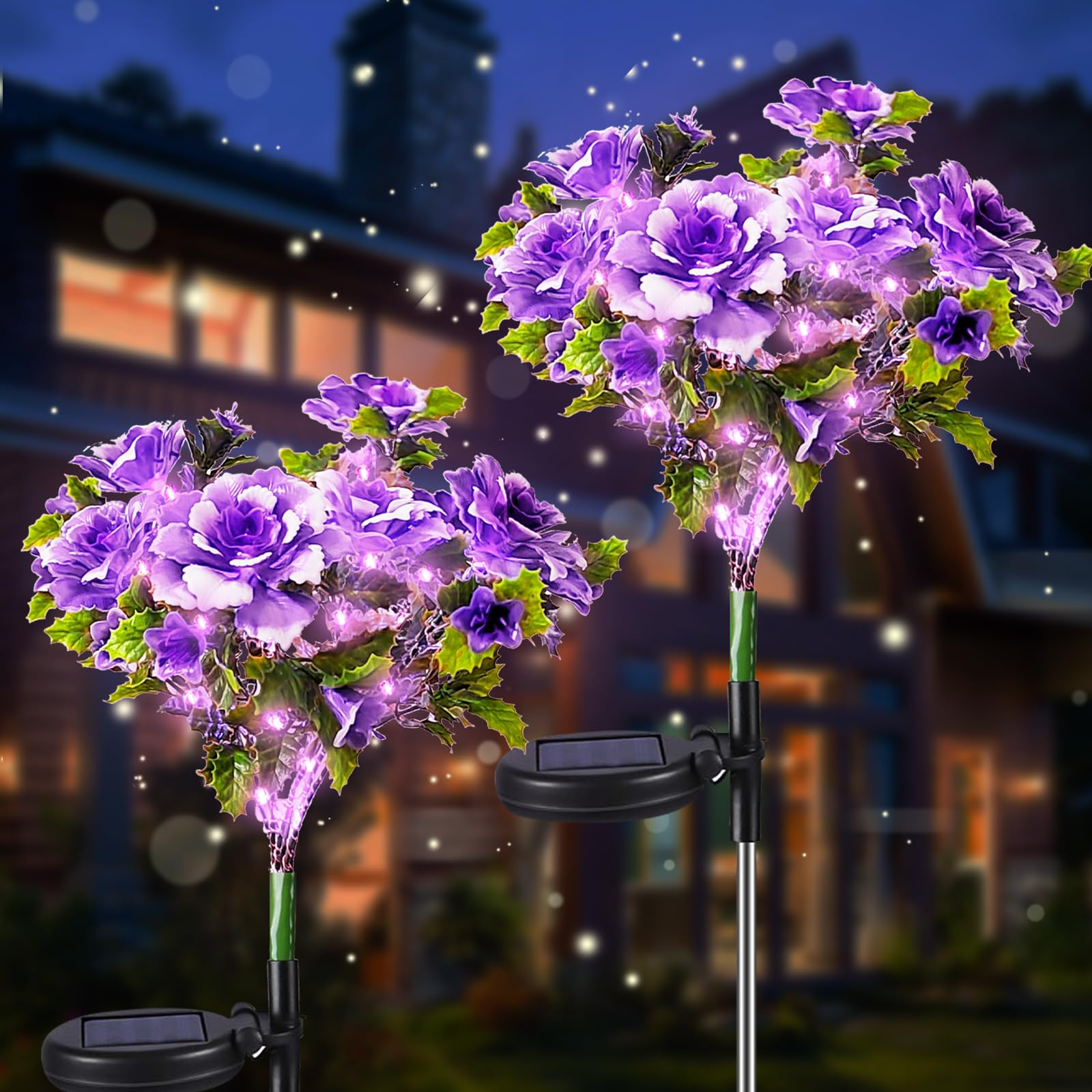 Neporal Solar Light Outdoor - 2 Pack Solar Garden Lights with Purple Carnation Solar Flowers, Solar Lights Outdoor Waterproof IP
