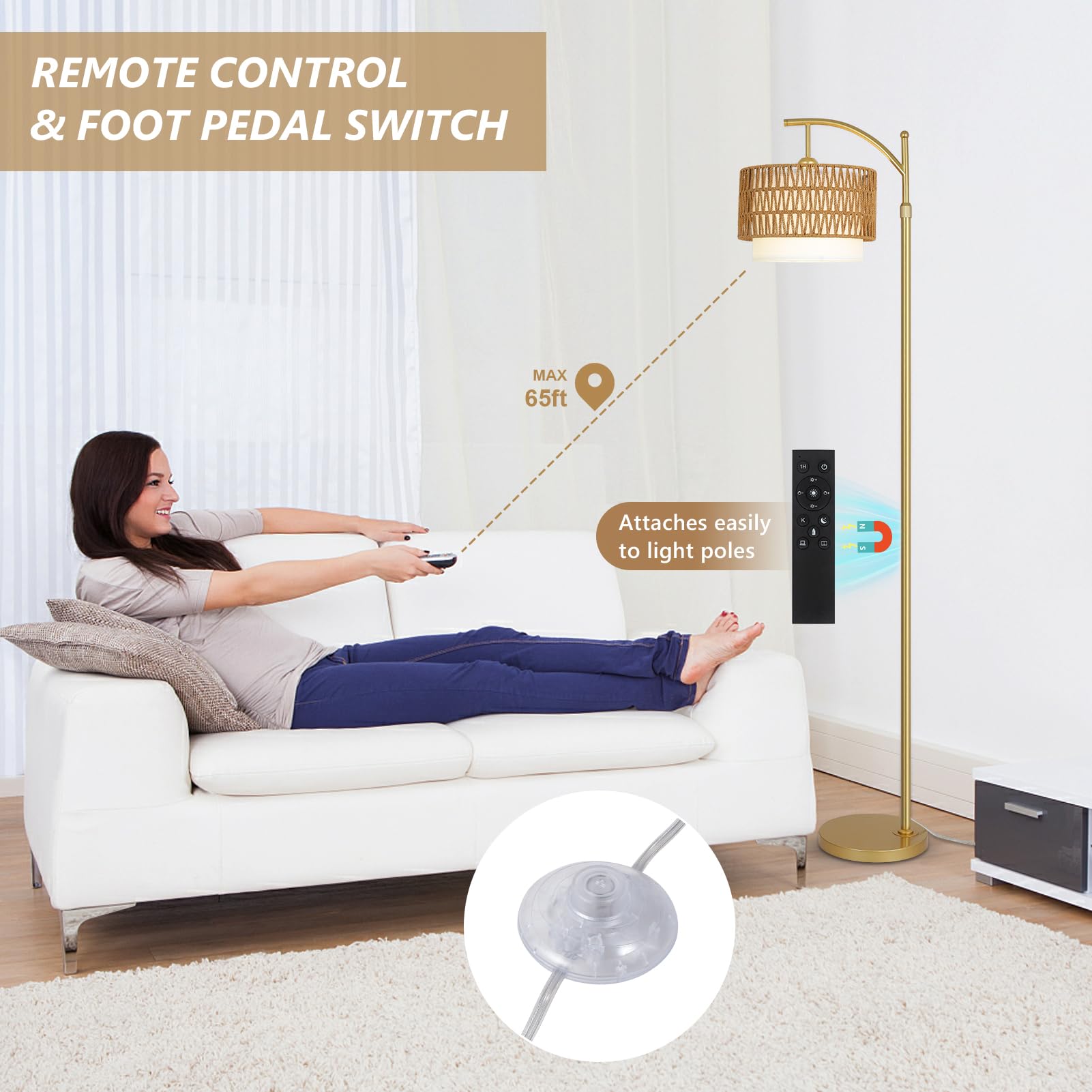 Gold Floor Lamps For Living Room With Remote & Dimmable Led Bulb, Modern Arc Floor Lamp With 3 Color Temperatures, Boho Standing