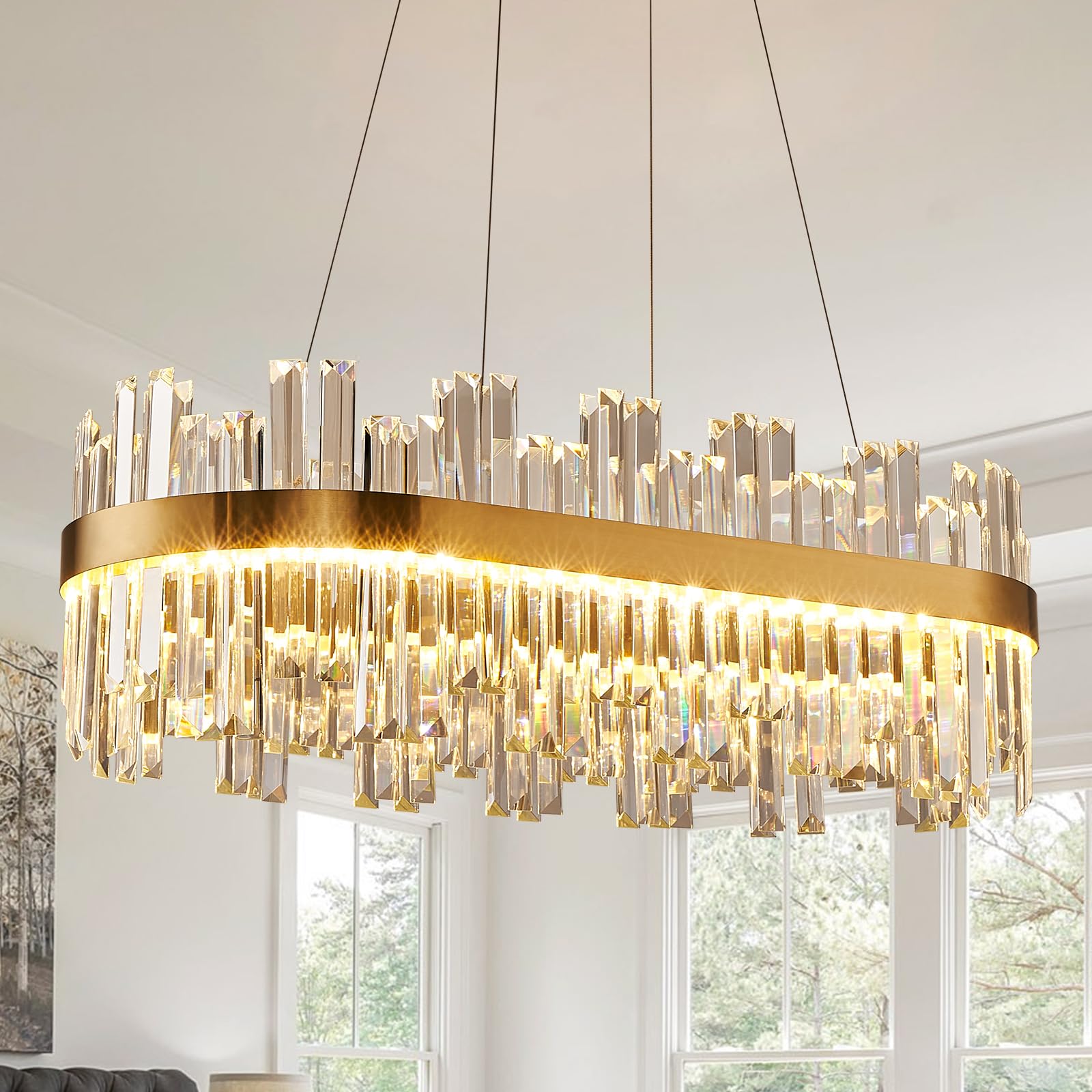ALIYIQI Dimmable Rectangle LED Chandelier 39.3in Gold Contemporary Pendant Light with Remote Control for Dining Room, Living Room, Kitchen