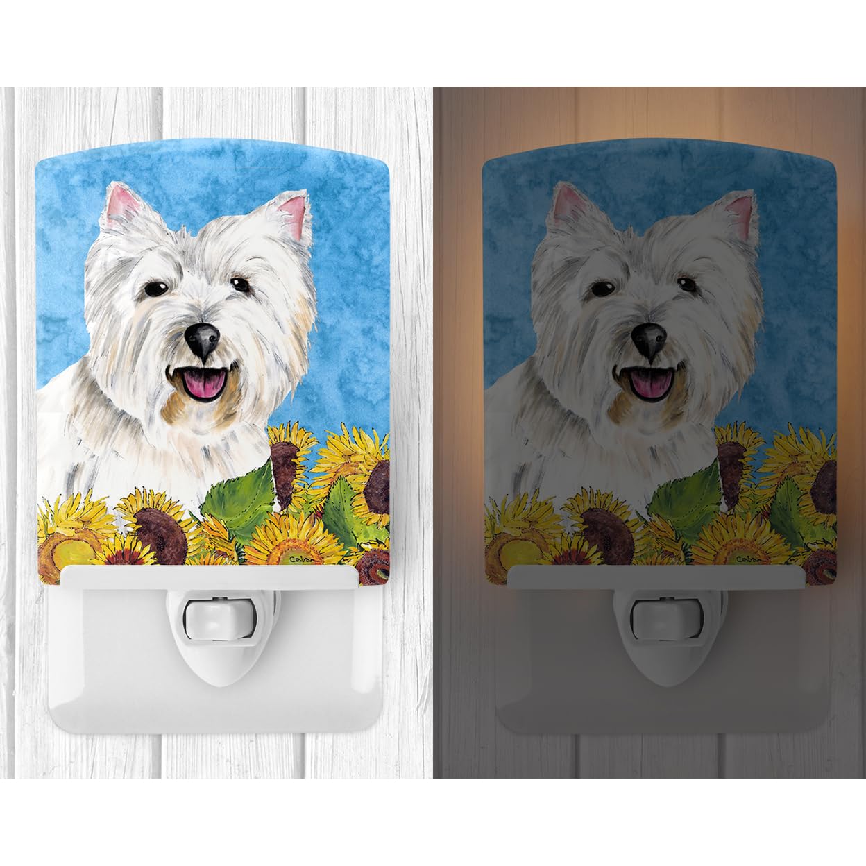 Caroline'S Treasures Sc9070Cnl Westie In Summer Flowers Ceramic Night Light Compact, Ul-Certified, Ideal For Bedroom, Bathroom, Nursery, Hallway, Kitchen, 6X4X3, Multicolor