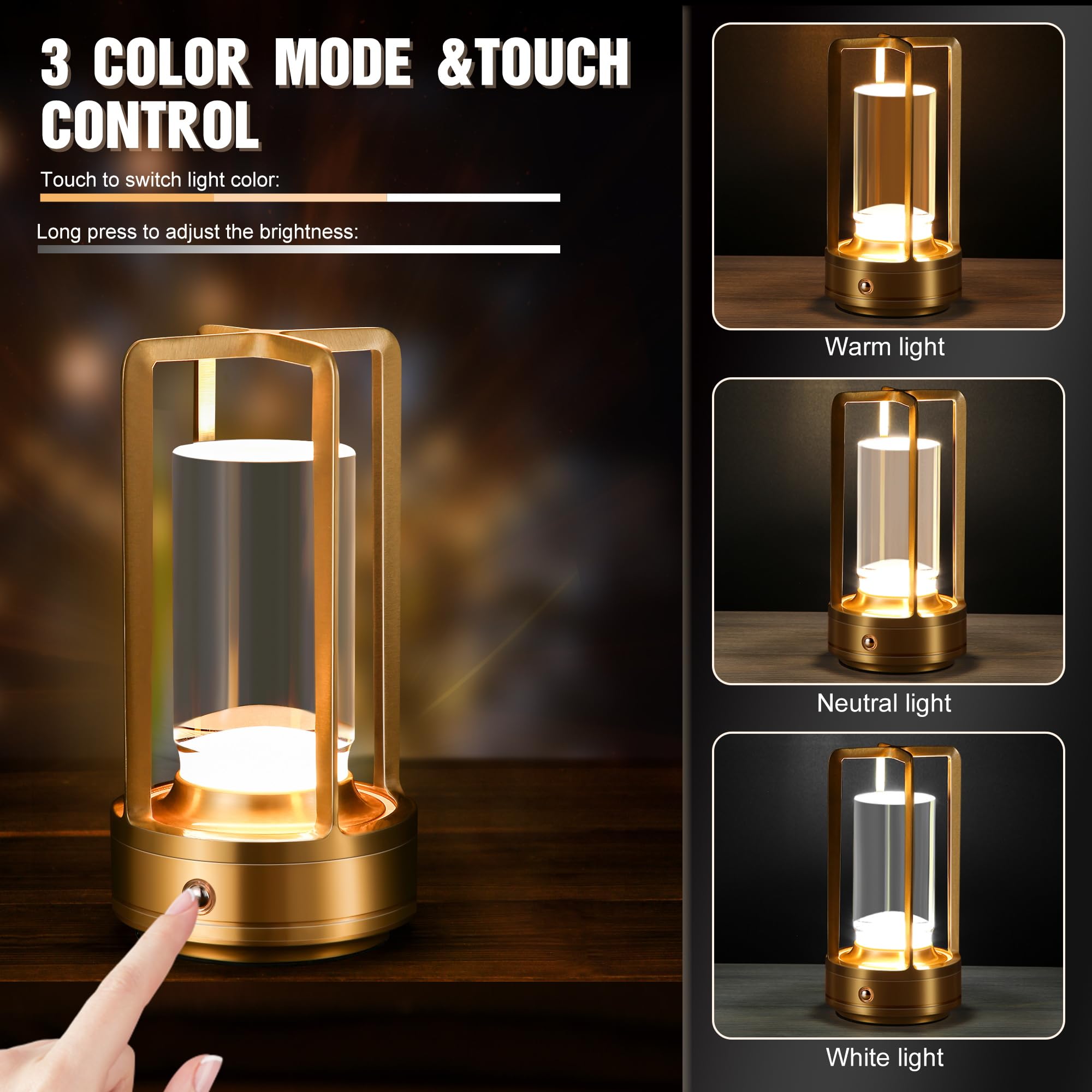 Portable Metal Table Lamp,Cordless Table Lamp, Rechargeable Battery Operated Lights, Led Table Lamps, 3 Color Stepless Dimming Touch, For Bedroom Restaurant Home Outdoor (Golden)