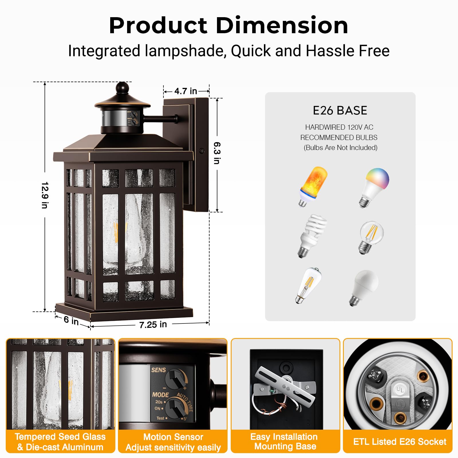 Opaxis Adjustable Sensitivity Motion Sensor Outdoor Lights  2 Packs Oil Rubbed Bronze Exterior Lighting Fixtures With Gold Trim  Orb Outdoor Garage Lights Wall Mount For House  Garage  Doorway  Coach