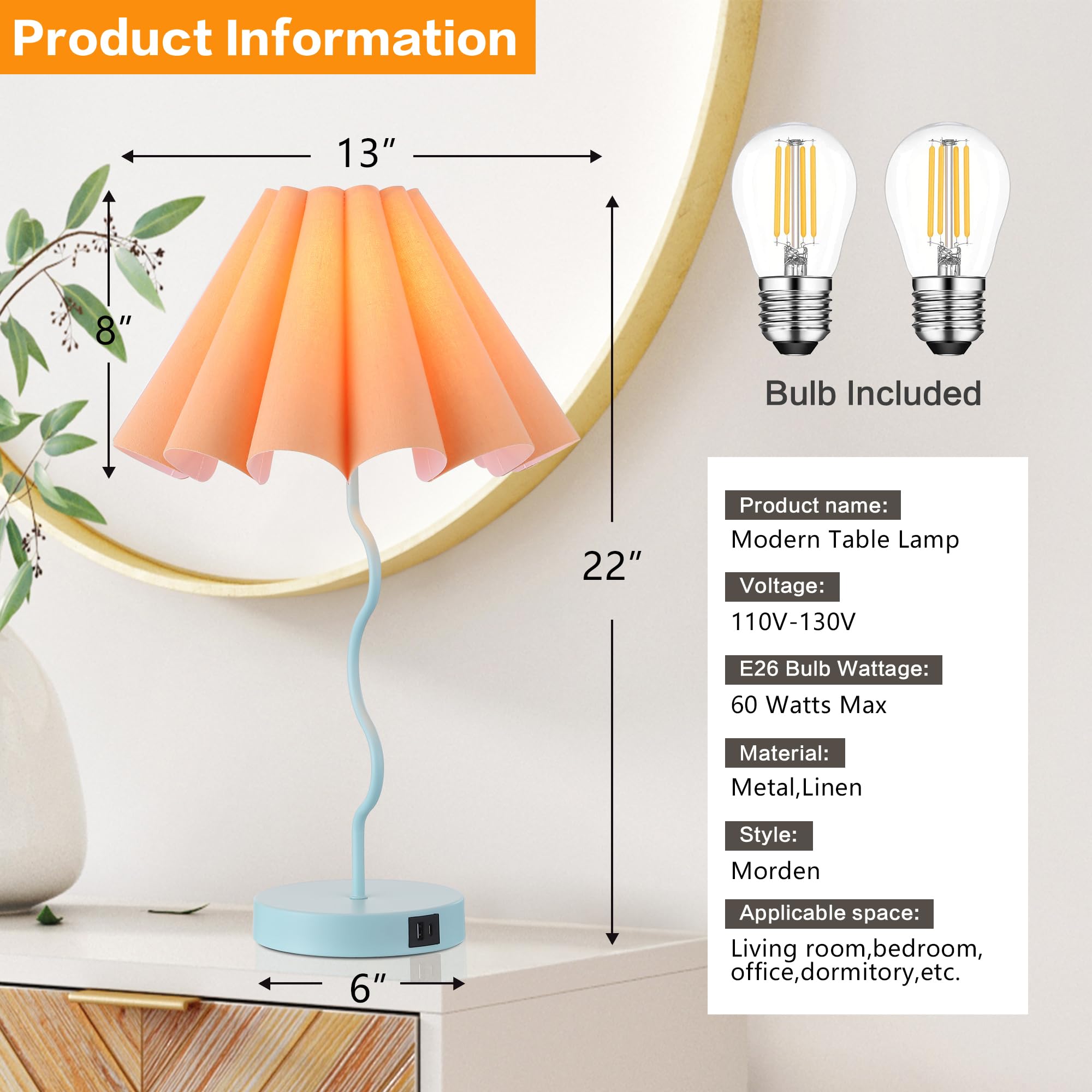 Eoeyyoyb Modern Table Lamp For Bedroom Nightstand Touch Lamps Set Of 2 Orange Blue Lamps For Living Room End Table Dimmable Table Lamp With Usb Port And Outlet