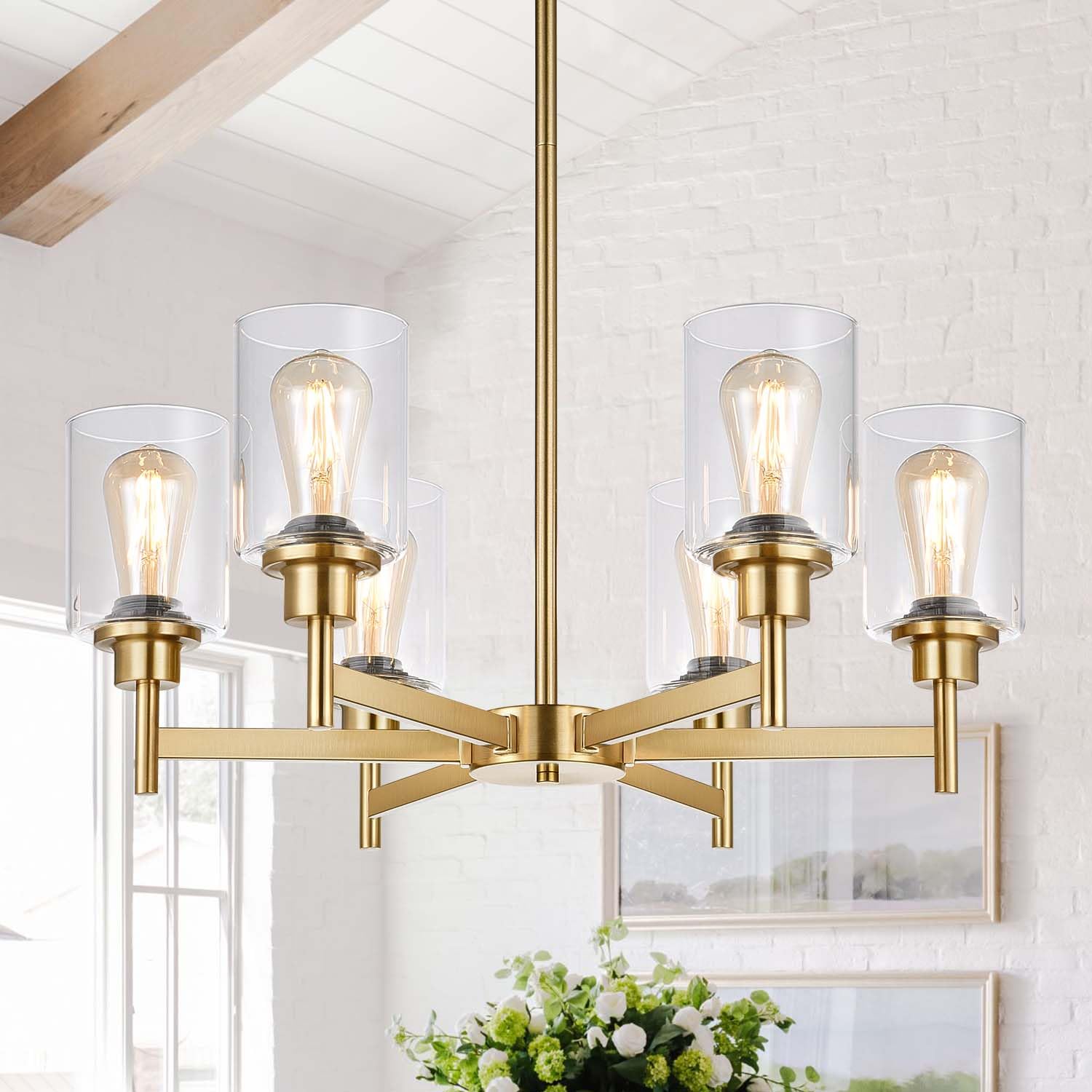 6 Light Farmhouse Chandeliers For Dining Room Light Fixtures Over Table, Industrial Chandelier With Clear Glass Shade For Living