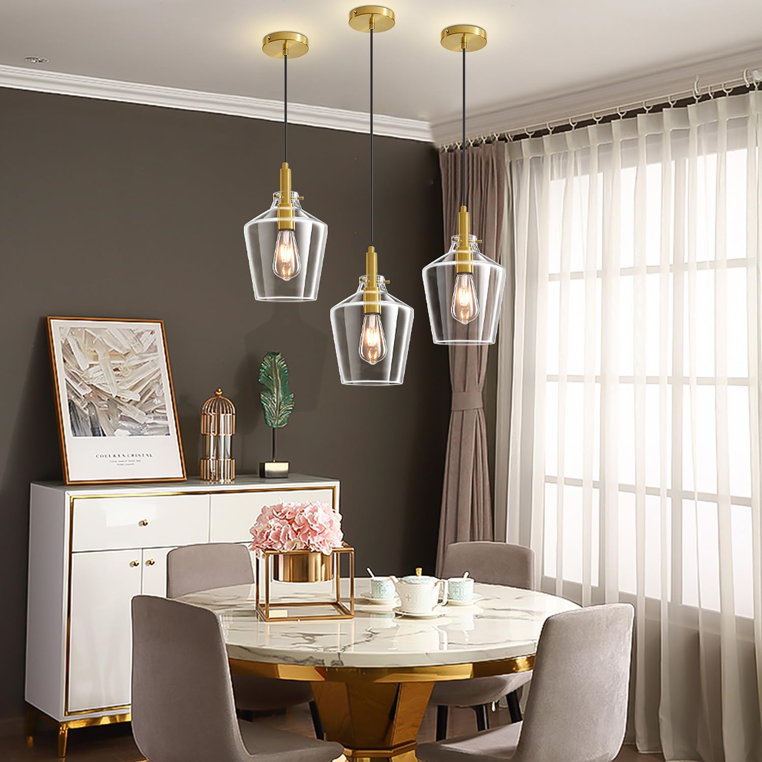Vaziden Modern Glass Pendant Lighting For Kitchen Island  Farmhouse Gold Pendant Light Fixtures 1 Pack  Adjustable Hanging Ceiling Light Angled Clear Glass Shades 8 Inch