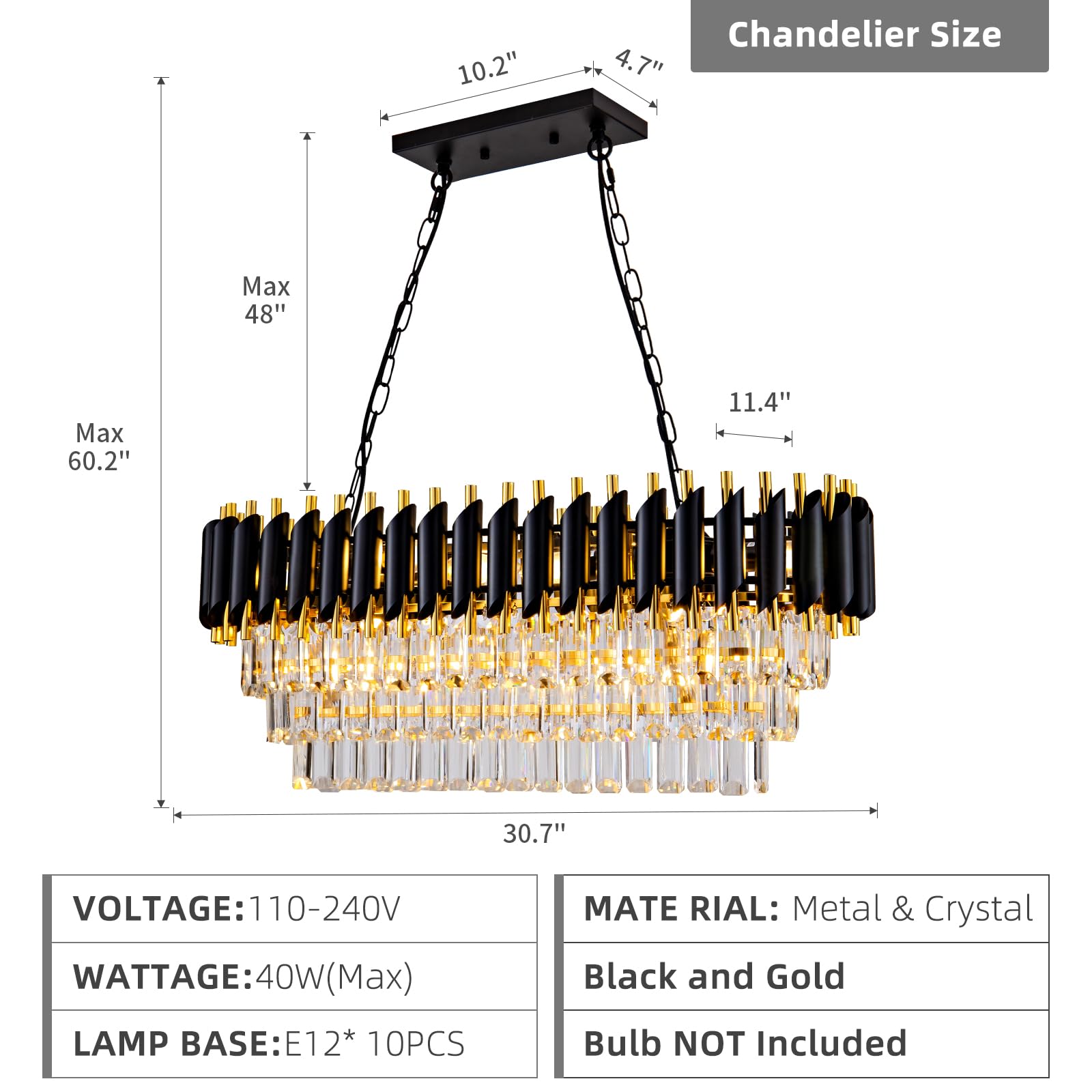 Aixialin 10-Light Crystal Chandelier Pendant Light Fixture, Black Oval, Model 600-100-1002, for Dining Room and Living Room