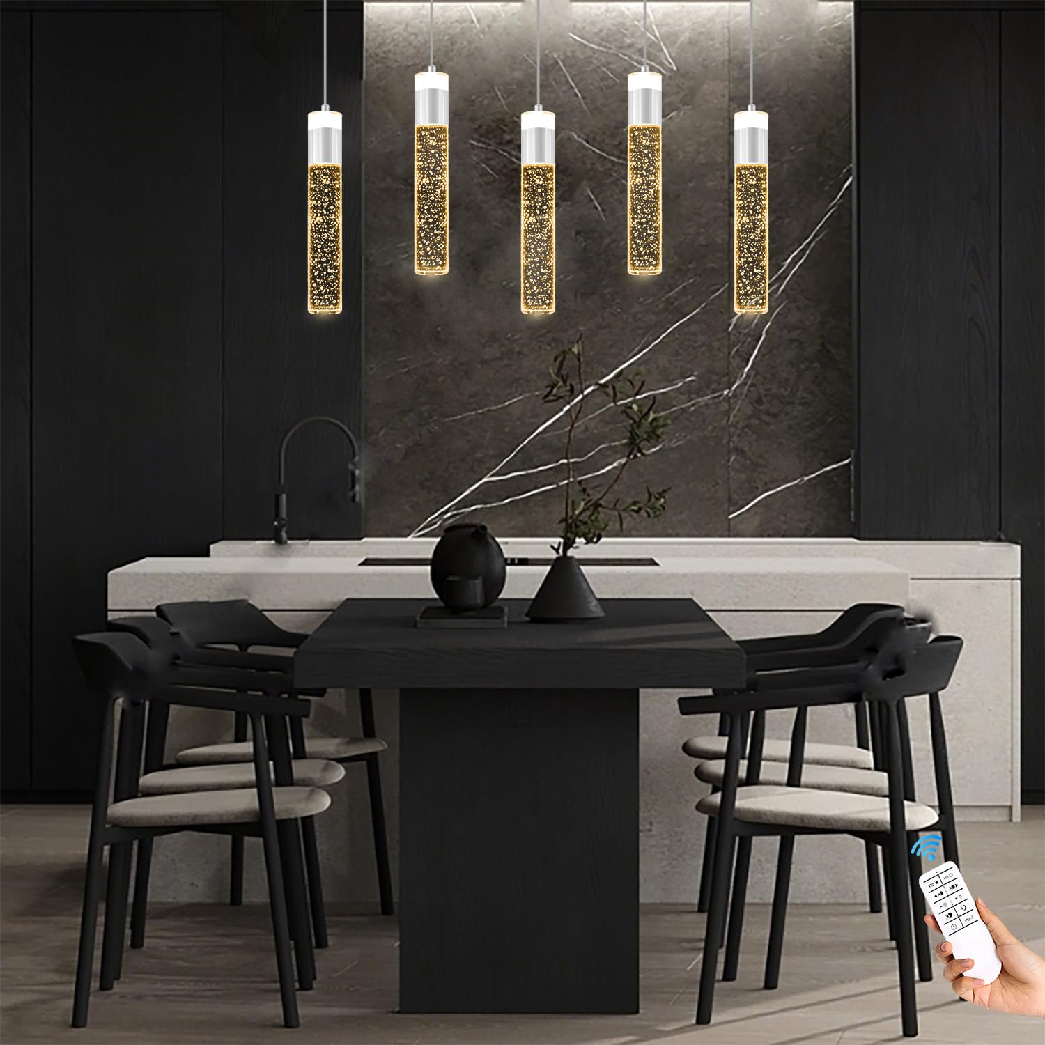 Modern Led Chrome Crystal Pendant Light Kitchen Island, Bedroom Bedside Hanging Ceiling Lamp With Crystal Bubble Column, Dimmabl