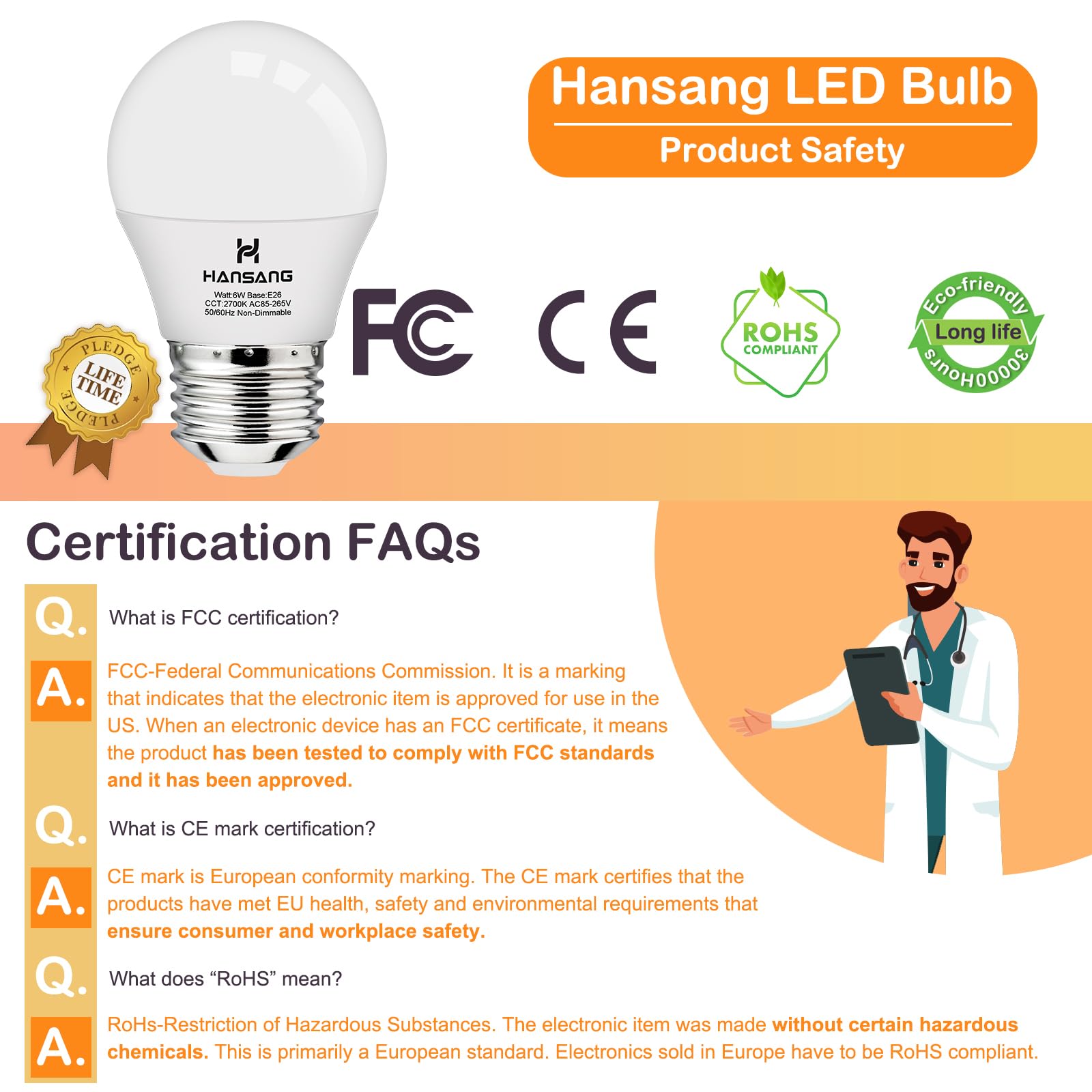 hansang E26 LED Light Bulb, 2700K Warm White, 60W Equivalent, A15, 600lm, 6 Pack, Aluminum