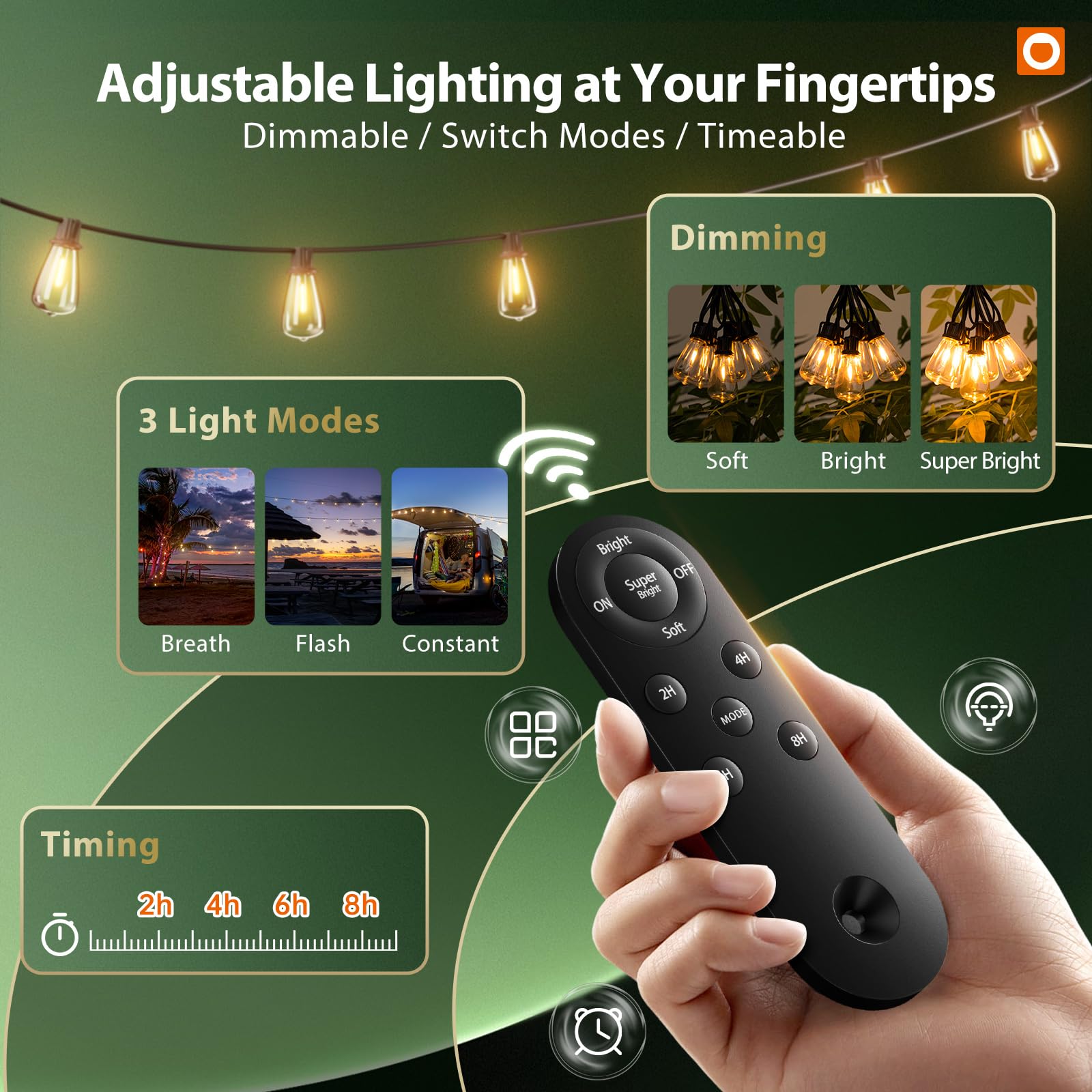 addlon Solar String Lights, 102FT (96+6), Black, 30+2 LED Bulbs, Waterproof, Remote, Dimmable, 3 Modes, Solar Powered