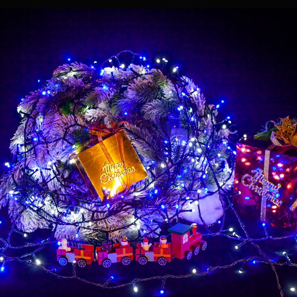 Wisd Christmas String Outdoor Lights 200 Led 43Ft Indoor Twinkle Fairy Lights, Plug In Decor For Xmas Tree Room Patio Garden Wedding Party, Blue + White