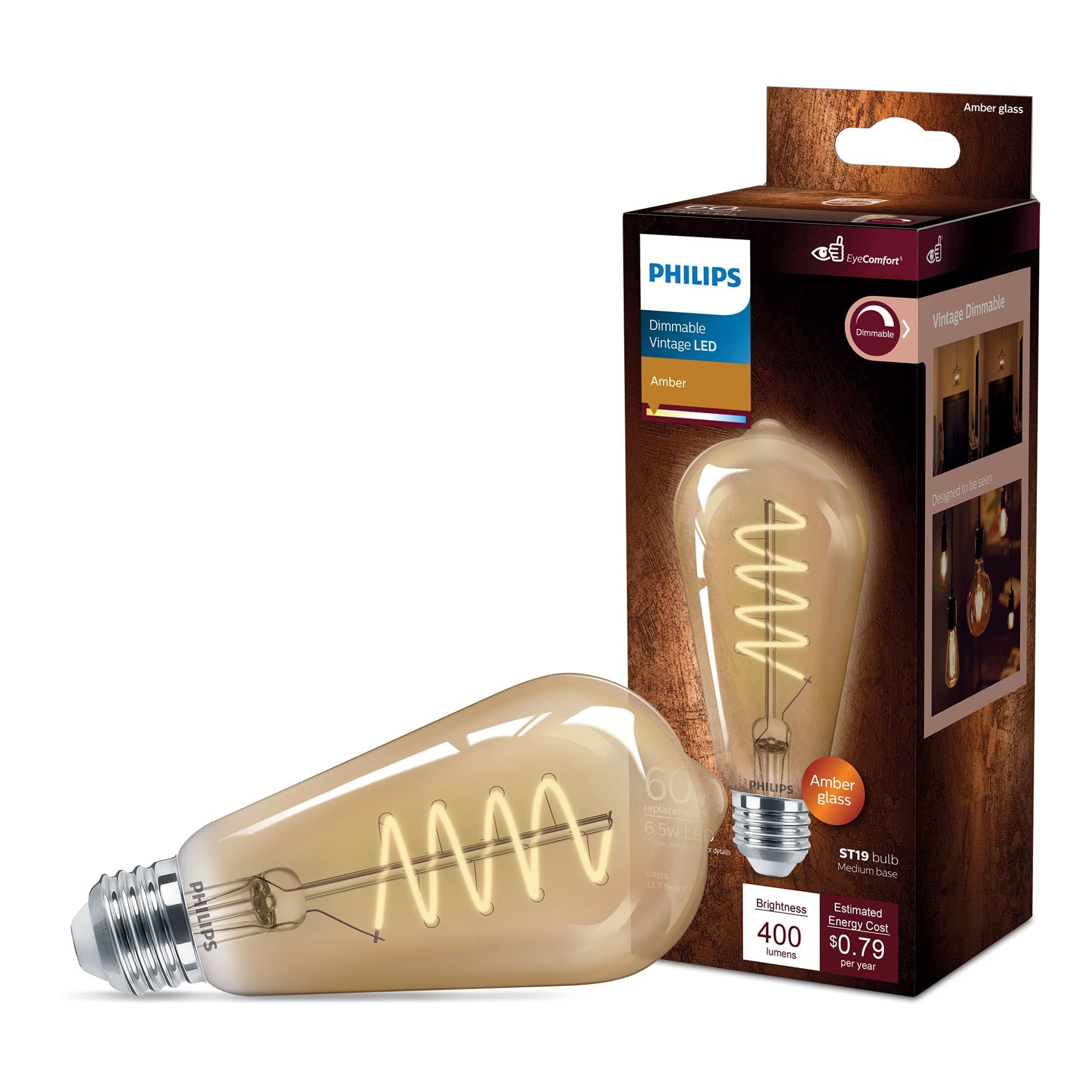 Philips Led Vintage Flicker-Free Amber Spiral St19, Dimmable, Eyecomfort Technology, 400 Lumen, Amber Light(2000K), 6.5W=60W, Title 20 Certified, E26 Base, 1-Pack, (565622)