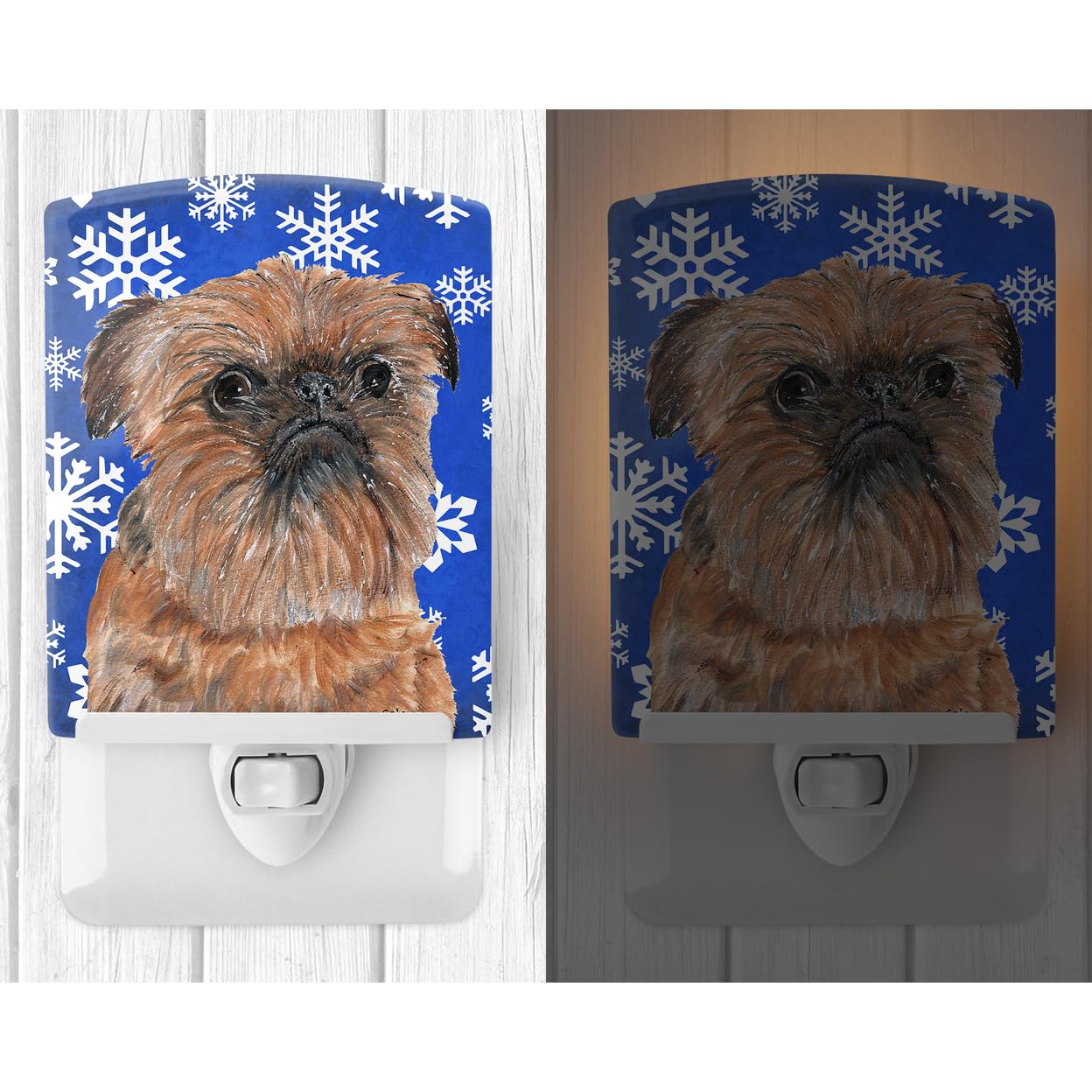 Caroline'S Treasures Sc9600Cnl Brussels Griffon Winter Snowflakes Ceramic Night Light Compact, Ul-Certified, Ideal For Bedroom, Bathroom, Nursery, Hallway, Kitchen, 6X4X3, Multicolor