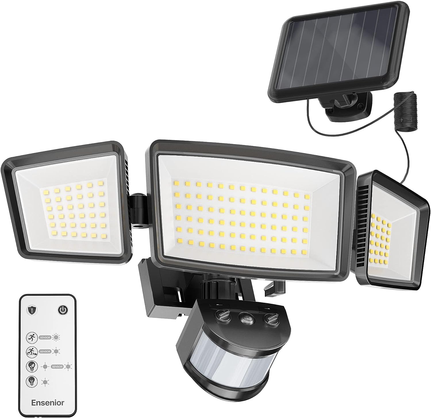 Ensenior 5 Motion Sensor Modes Solar Security Light, 1800LM 270? Wide Angle 3 Heads LED Flood Lights, IP65 Waterproof Wall Light