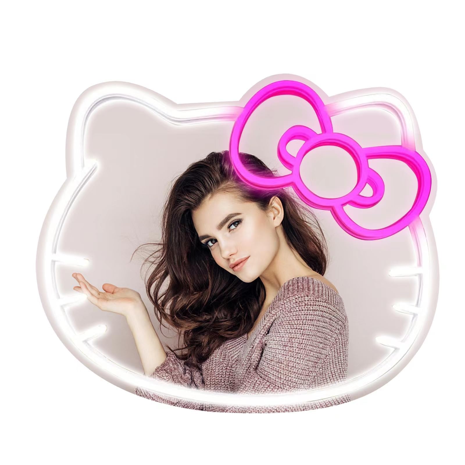 Anime Hello Kit Mirror with light Neon signs for Wall Decor, Neon Mirror with Dimmable for teen girl gift,makeup Mirror neon sig