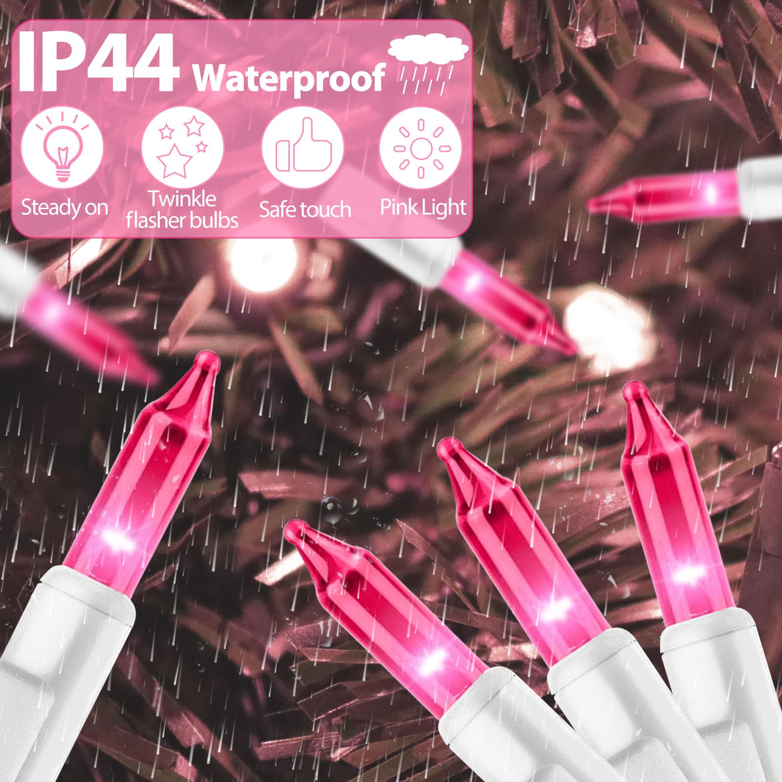 CXLHO Pink Mini Christmas Lights 25FT 100 Bulbs White Wire Indoor Outdoor Decoration