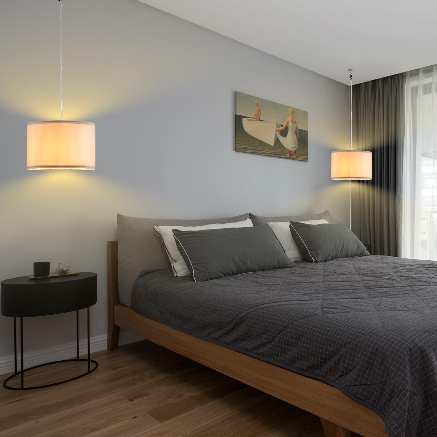 Ihengyanlt 2 Pack Plug In Pendant Light, Hanging Light With 15Ft Clear Cord, On/Off Switch, French Grey Fabric Lamp Shade, Hangi