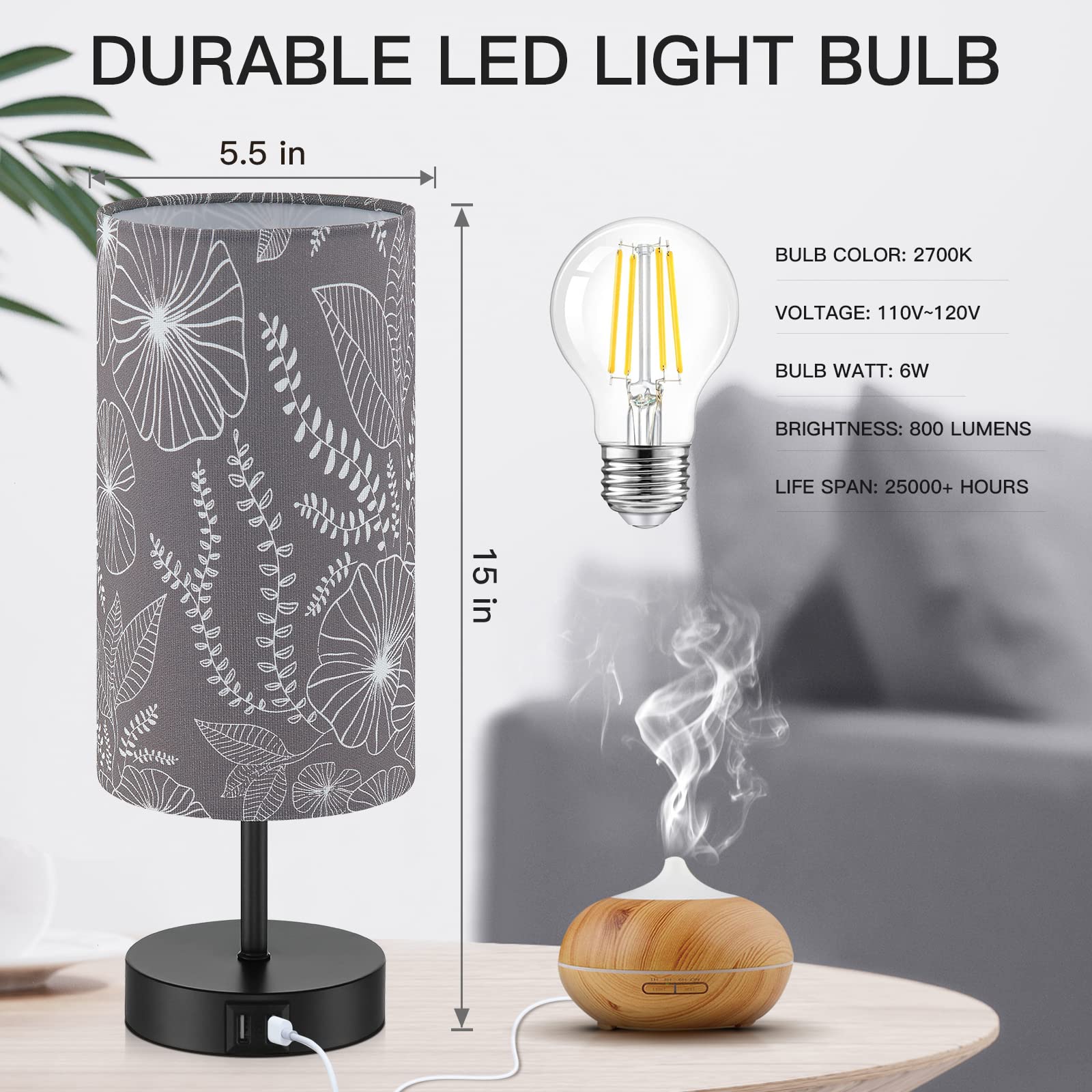 Bedside Table Lamp With 2 Usb Ports, Modern Touch Control Desk Lamp With Round Flower Flaxen Fabric Shade, 3 Way Dimmable Small