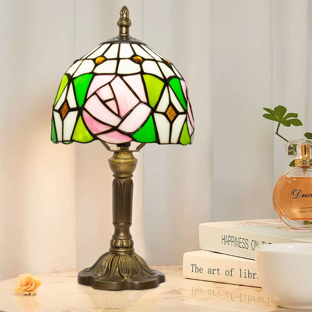 Ppbmocw Stained Glass Lamp,8X14 inches Small Tiffany Lamp for Bedside,Antique Office,Living Room (D Rose)