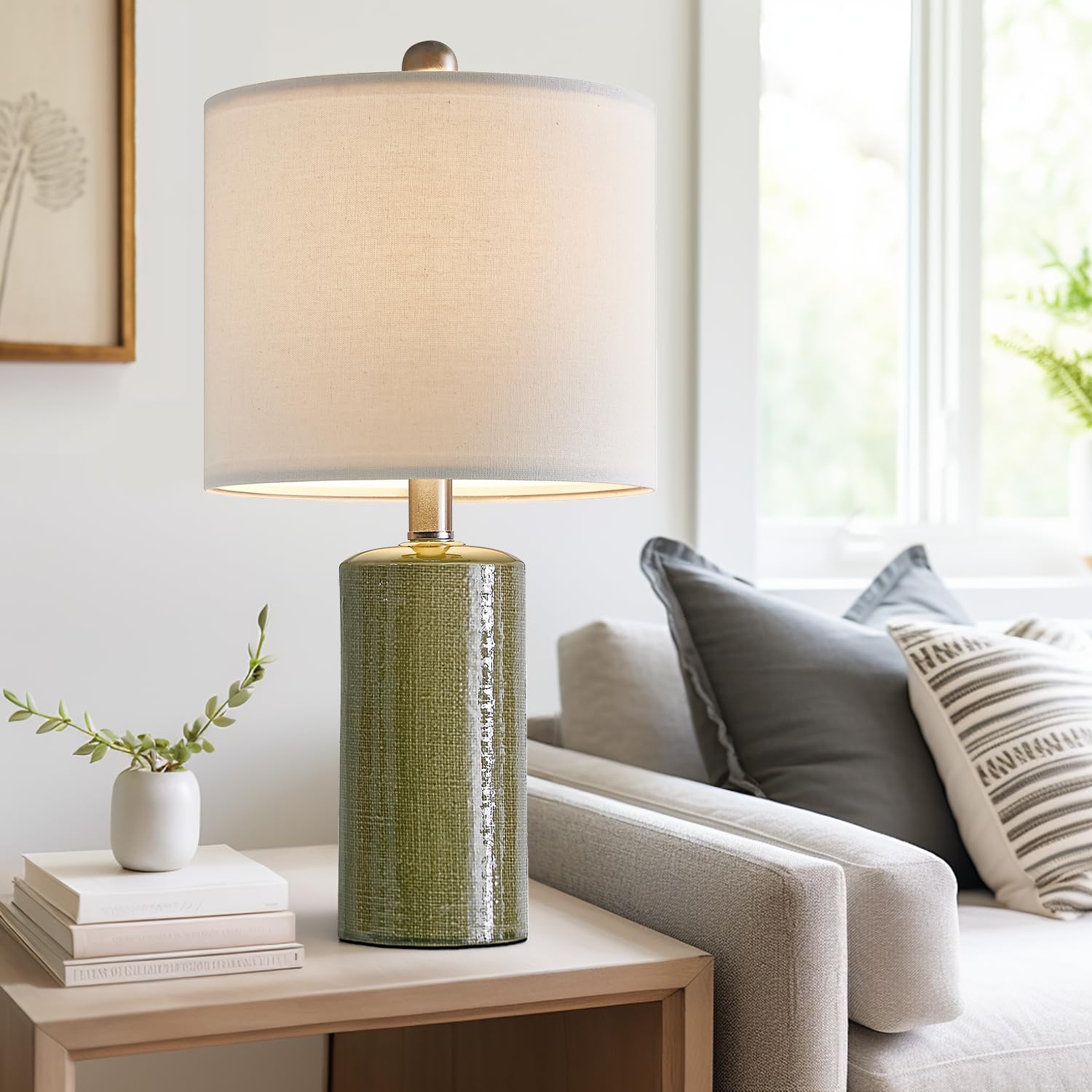 G-SAFAVA Modern Ceramic Table Lamps Set of 2, 20.25" Green Bedside Lamps for Living Room, Boho Style, Model AMZ-T1109GR0-XW