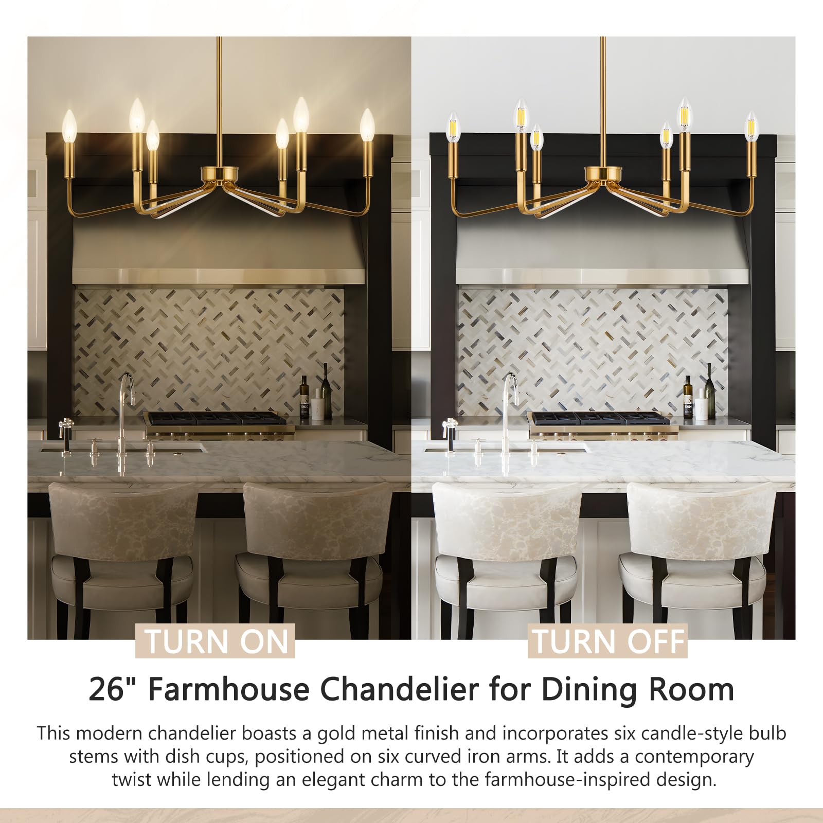 Jonsi Gold Chandelier - 26'' Modern Brushed Brass Chandelier Light Fixture 6 Light Industrial Candle Lighting Hanging Ceiling Fo